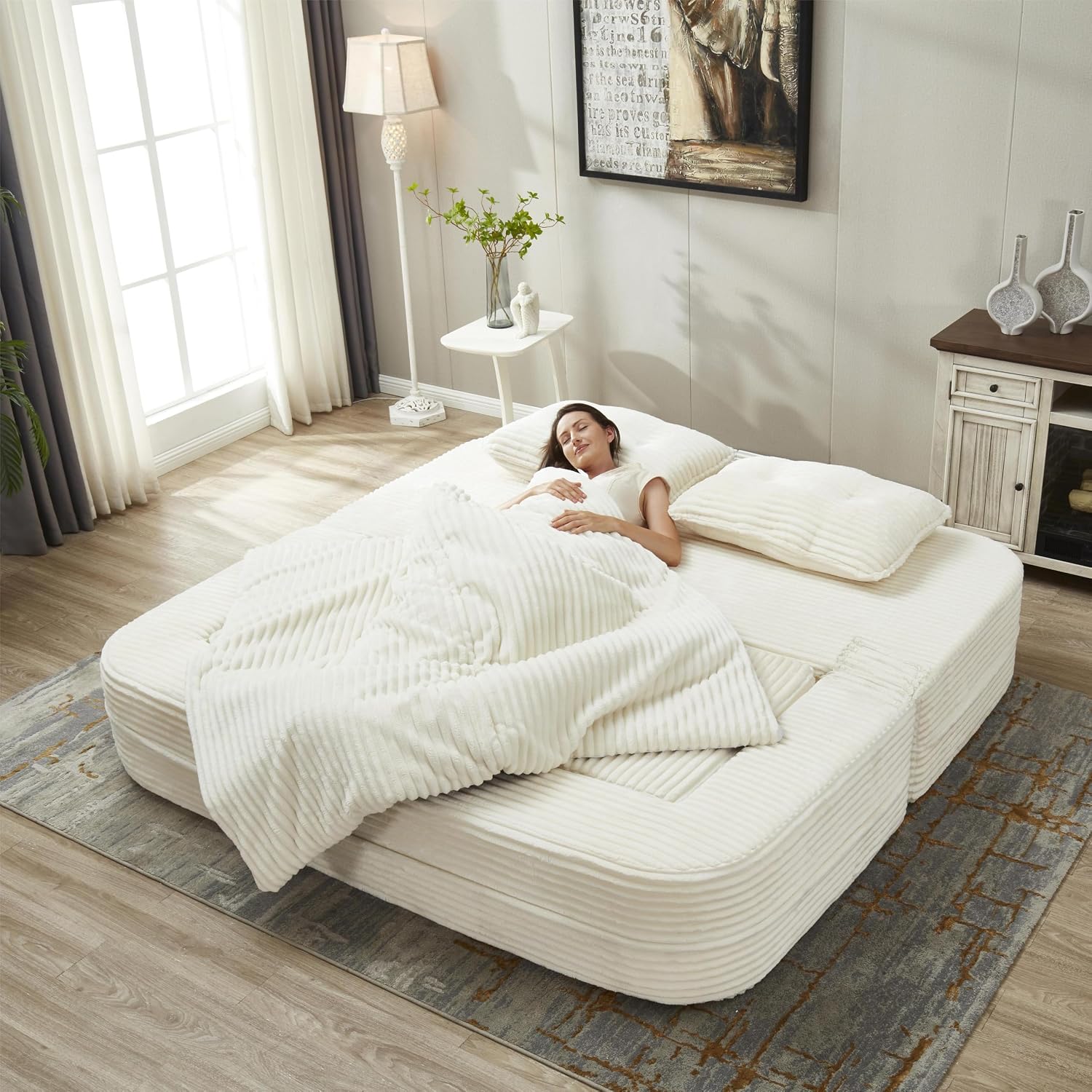 80-inch Folding futon Sofa Bed, Full-Size Convertible Sleeper Couch Bed, Memory Sponge Double Sofa with Comfortable Mattress, Suitable for Living Room (Beige Sofa Set, 80'' inches+blanket)