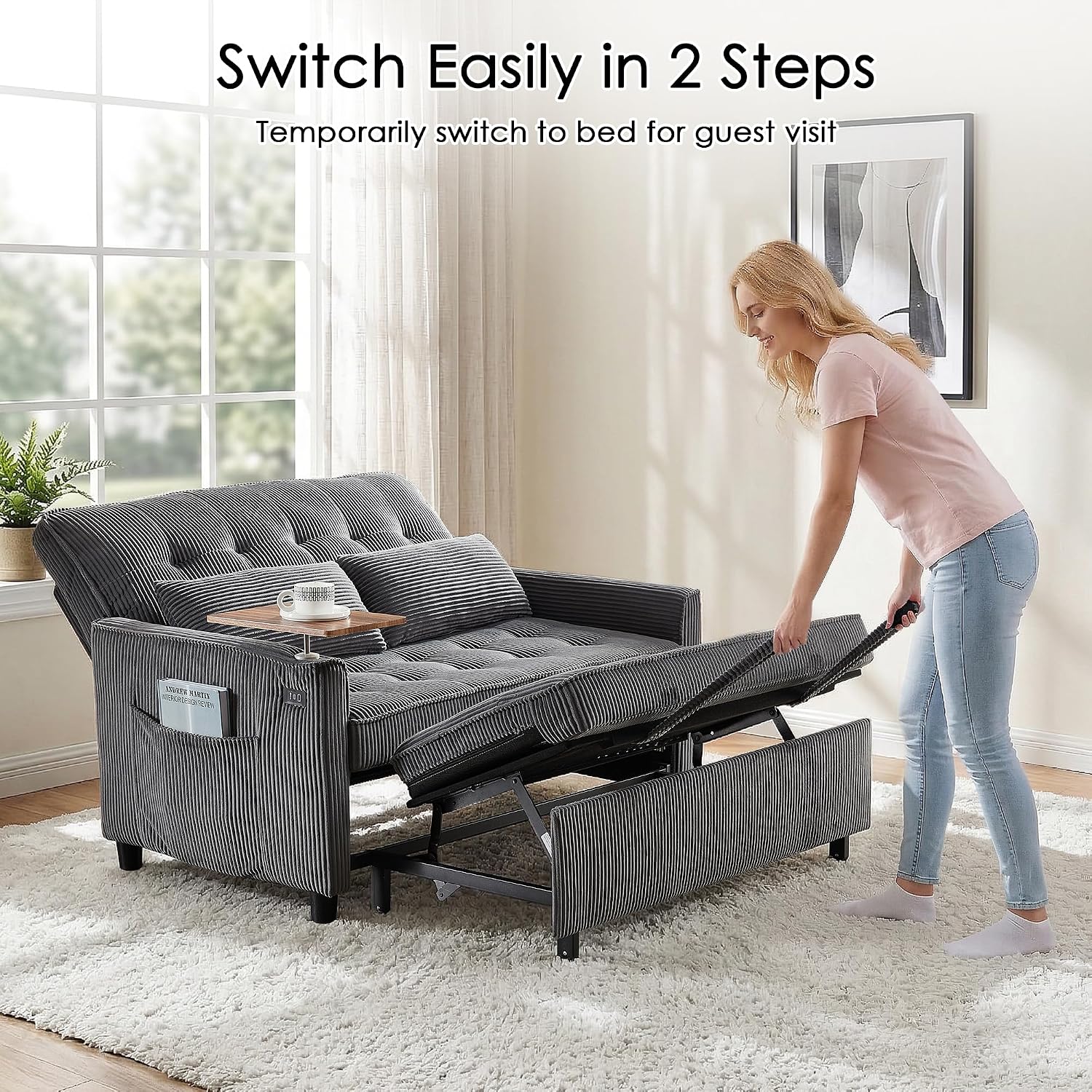 Sleeper Sofa Bed, 54'' Convertible Pull Out Couch with Small Table| USB Port | Side Pockets | Corduroy Fabric | Adjustable Backrest for Apartment, Office, Bedroom, Guest Room(Darkgray)