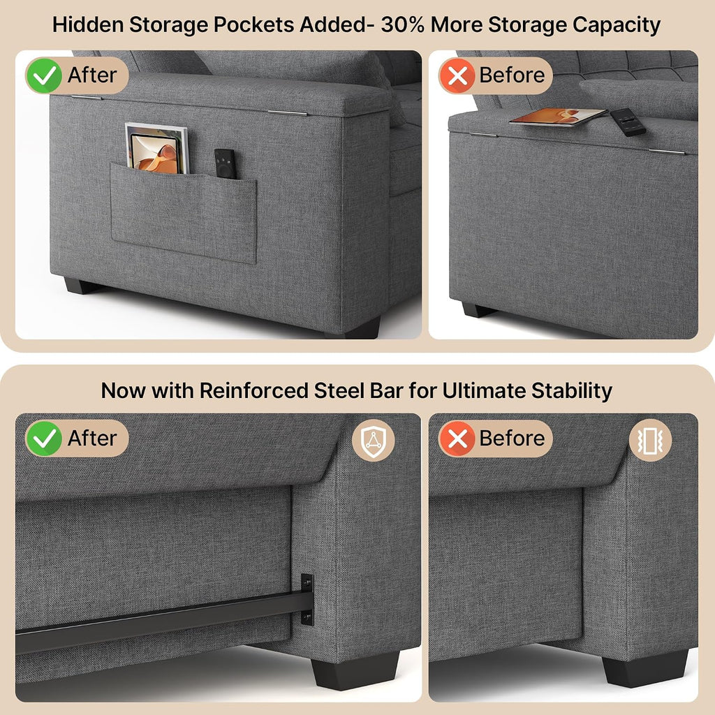 Gizoon 3 in 1 Convertible Sofa Bed, 63.6'' Pull Out Couch with Storage Armrests, Sofa Cama, Adjustable Backrest & Pockets, Linen Loveseat Sleeper for Small Apartment Living Room, Dark Grey