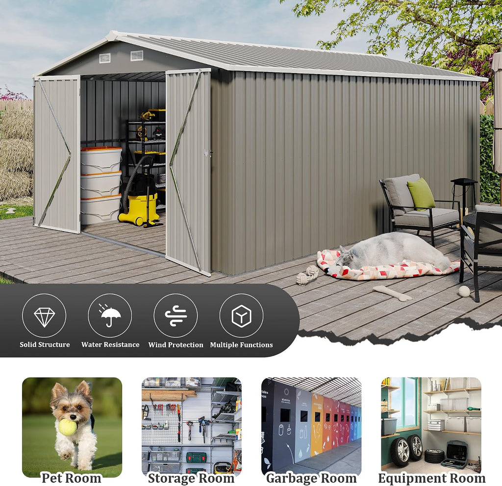 10 x14 FT Outdoor Storage Shed, Extra Large Metal Garden Shed with Waterproof Roof and 3 Lockable Doors, All-Weather Utility Tool Shed Storage House for Backyard, Patio, Lawn (Light Gray)