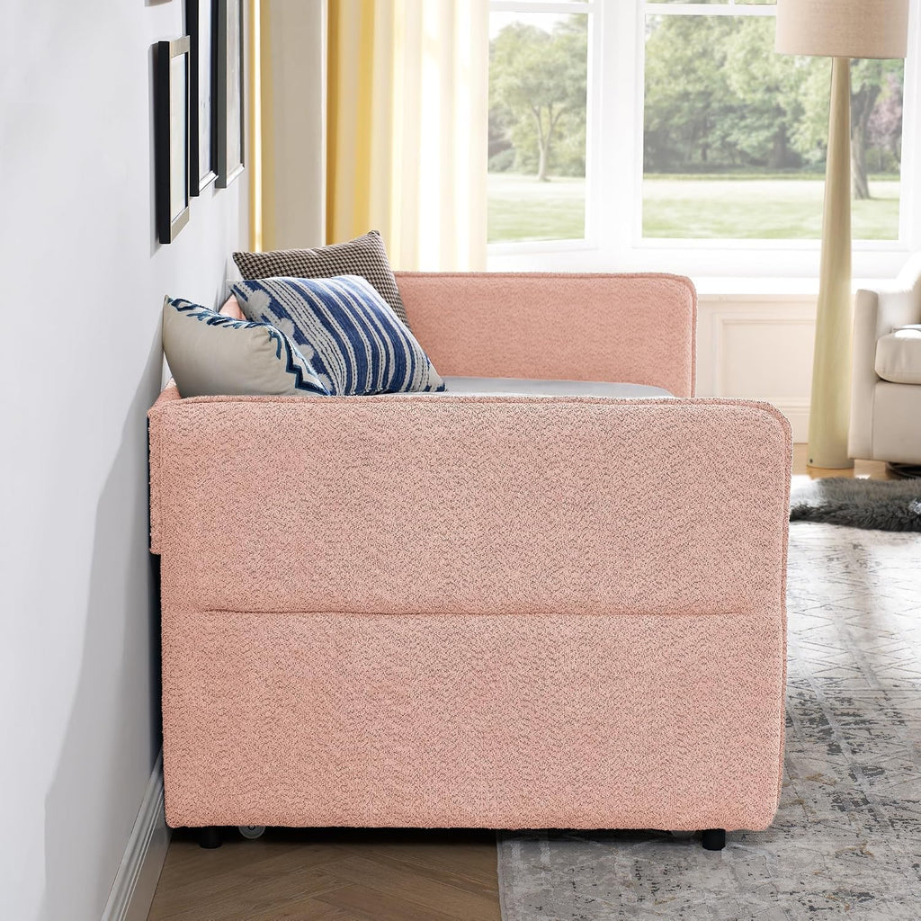 KEIKI Twin Size Upholstery Tufted Daybed with Erectable Trundle, Twin to King Design Modern Extendable Boucle Sofa Bed, Easy Assembly, No Box Spring Required, for Living Room and Bedroom, Pink