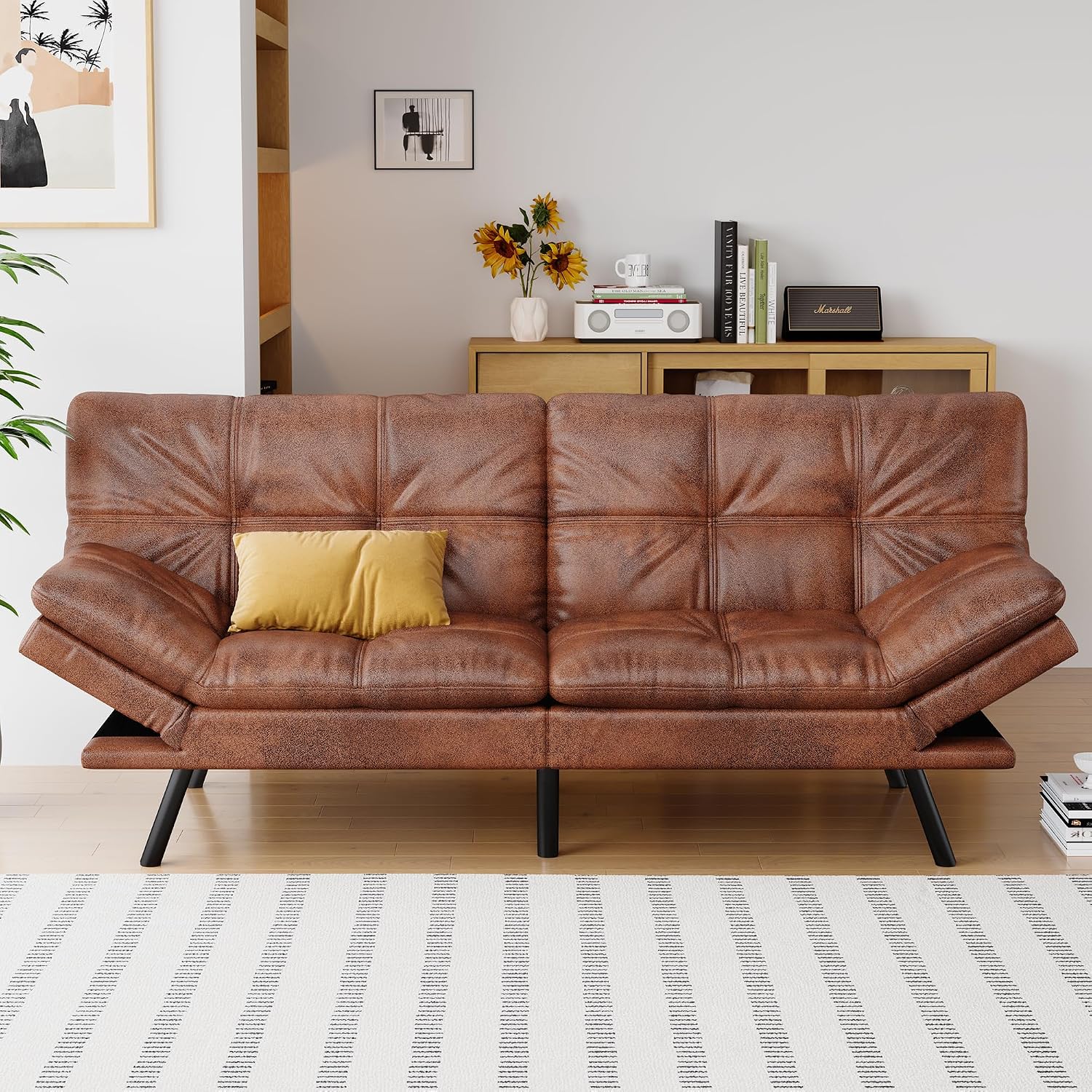 Futon Sofa Bed Convertible Couch, Brown Faux Leather Sofa Bed with Memory Foam, Adjustable Backrest & Armrests, Multifunctional Small Loveseat Sleeper Sofa for Living Room, Apartment, Office