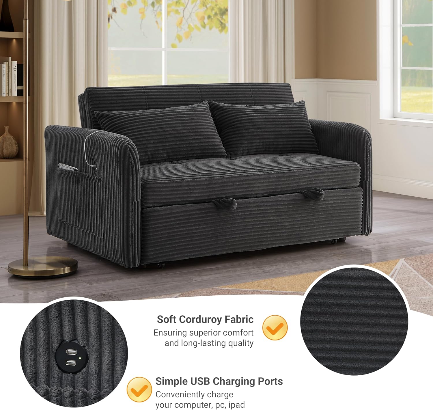55.5' Corduroy Convertible Sofa Bed, Pull Out Sleeper Sofa Bed, Loveseat Couch with USB Charging Ports, 3 in 1 Convertible Sleeper Sofa Bed for Living Room, Apartment, Bedroom, RV, Grey