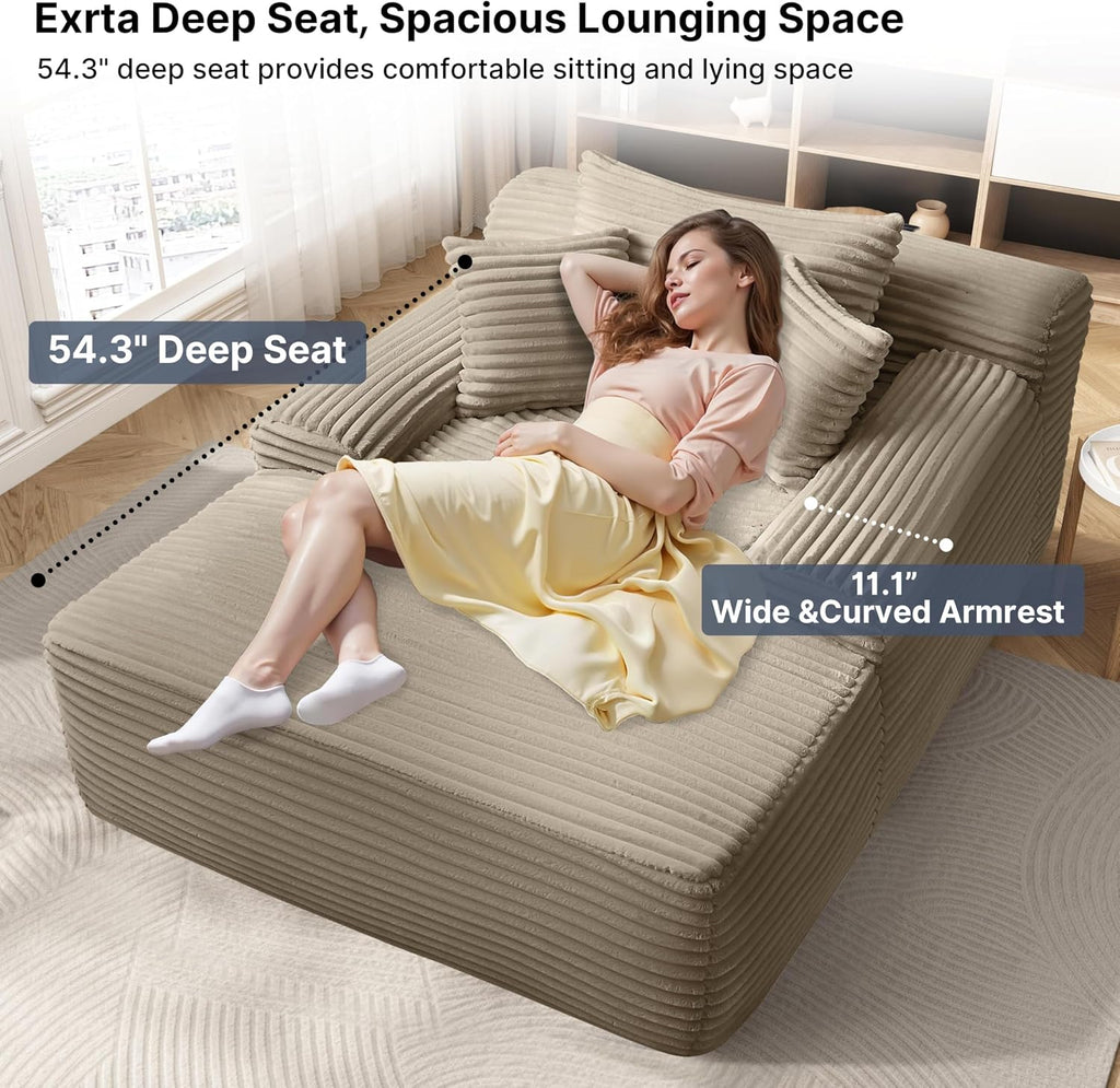 65'' Chaise Lounge Chair Indoor, Beige Plush Corduroy Cloud Couch, Fluffy Oversized Sofa Bed for Bedroom Living Room, Comfy Boneless Reading Longue Chair Sleeper Sofa No Assembly