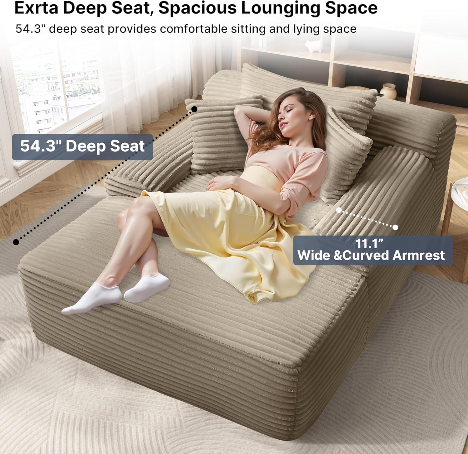 65'' Chaise Lounge Chair Indoor, Beige Plush Corduroy Cloud Couch, Fluffy Oversized Sofa Bed for Bedroom Living Room, Comfy Boneless Reading Longue Chair Sleeper Sofa No Assembly