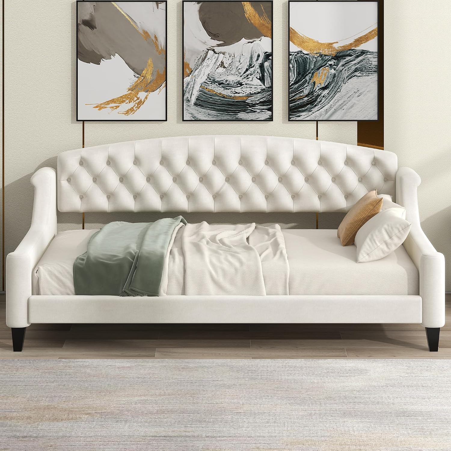 Merax Twin Size Modern Luxury Tufted Button Daybed, Upholstered Twin Daybed Frame, Sofa Bed for Bedroom, Living Room, Twin, Beige
