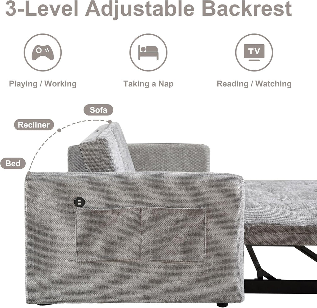 57.48' Convertible Sofa Bed with Cup Holder, Pull Out Sleeper Sofa Bed with USB Charging Ports, 3 in 1 Convertible Sleeper Sofa Bed for Living Room, Apartment, Bedroom, RV, Grey