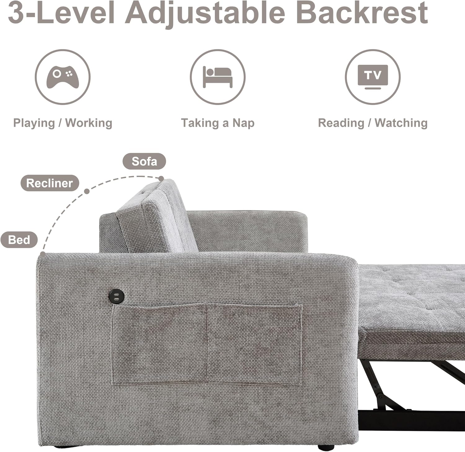 57.48' Convertible Sofa Bed with Cup Holder, Pull Out Sleeper Sofa Bed with USB Charging Ports, 3 in 1 Convertible Sleeper Sofa Bed for Living Room, Apartment, Bedroom, RV, Grey