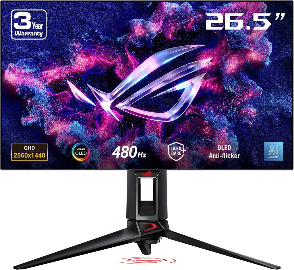 ASUS ROG Swift OLED PG27AQDP gaming monitor ― 27-inch WOLED, 480Hz, 0.03ms, G-SYNC® compatible, custom heatsink, ASUS OLED Care+, AI Assistant, uniform brightness, 99% DCI-P3, and DisplayWidget Center