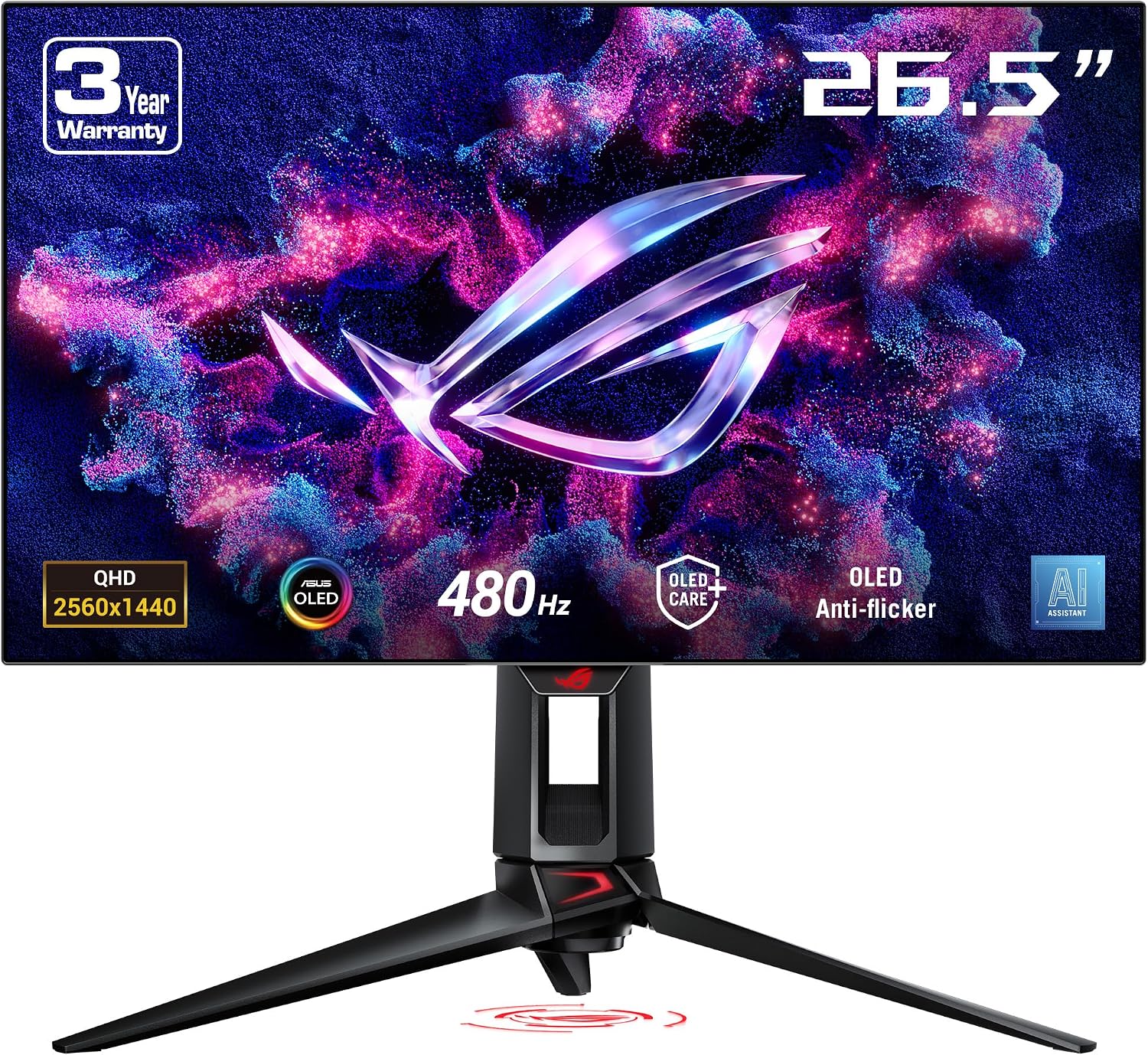ASUS ROG Swift OLED PG27AQDP gaming monitor ― 27-inch WOLED, 480Hz, 0.03ms, G-SYNC® compatible, custom heatsink, ASUS OLED Care+, AI Assistant, uniform brightness, 99% DCI-P3, and DisplayWidget Center
