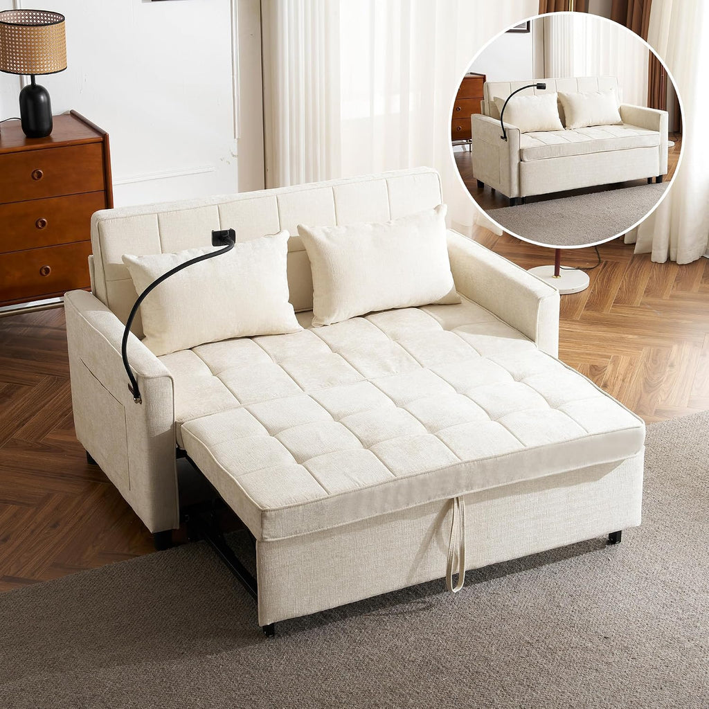 Merax Pull-Out Sleeper Sofa Bed with Reversible Backrest and Two Throw Pillows, 3 in 1 Foton Couch with USB Ports & Phone Holder, Chenille Loveseat for Living Room, Beige