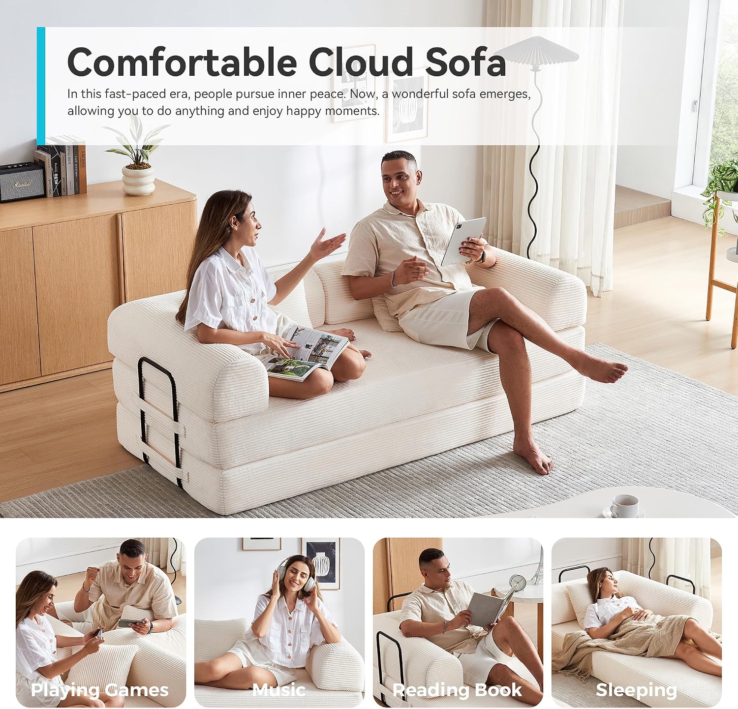 Convertible Folding Couch, 5-in-1 Futon Sofa with Armrests, Convertible Sleeper Sofa Bed Comfy Fold Out Bed for Living Room, Bedroom,Guest, Office, No Assembly Sofa for Small Spaces(Beige White)