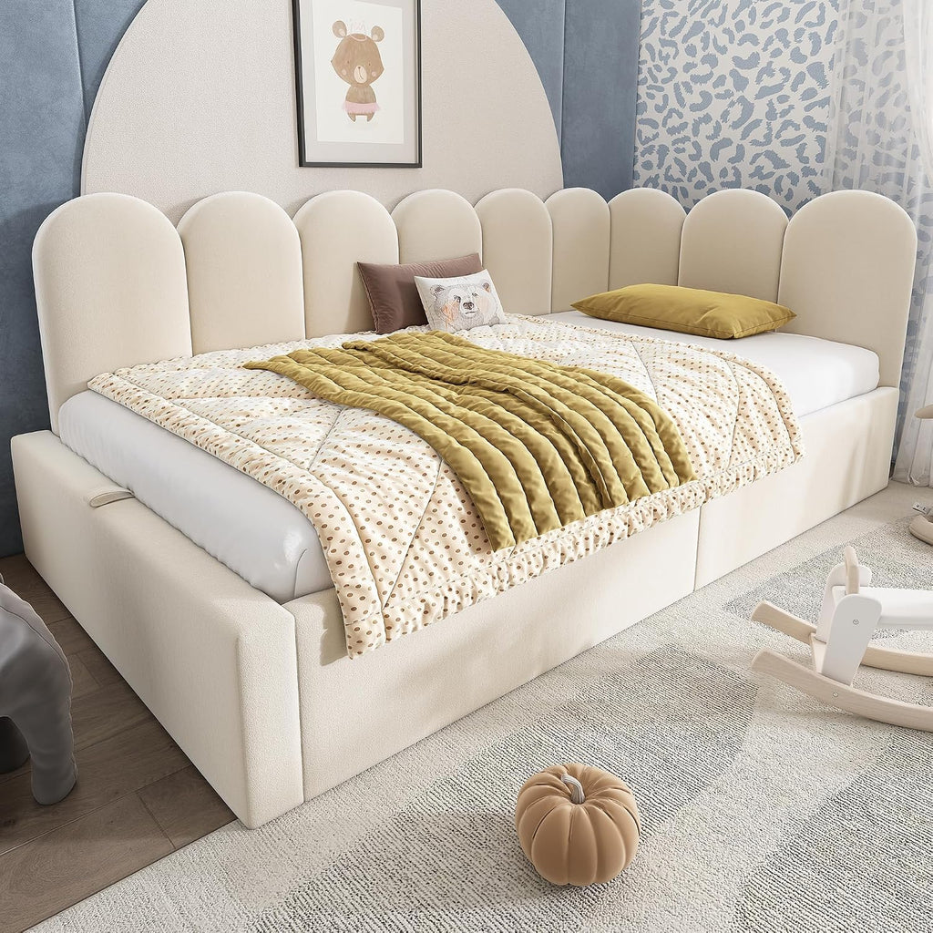 Merax Modern Upholstered Lift Up Sofa Day Bed with Headboard, Velvet Platform Bed Frame with Hydraulic Storage, No Box Spring Needed/Easy Assemble Twin, Beige