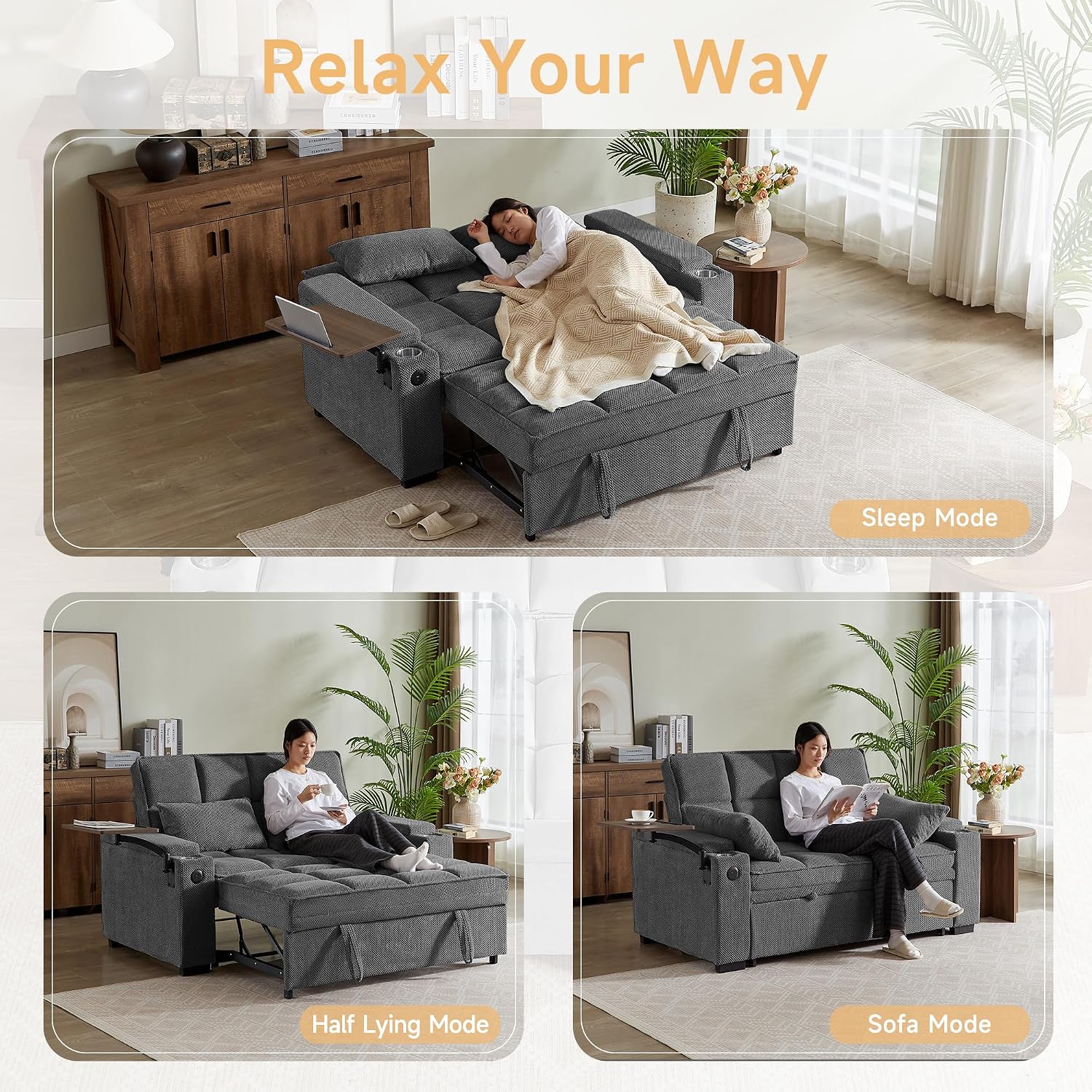 Auvsoce 65'' Chaise Lounge Chair Indoor, 3-in-1 Convertible Sofa Bed with Pull-Out Design, 360° Swivel Side Table, Modern Granular Velvet Couch Bed for Living Room, Small Space & Apartment-Friendly