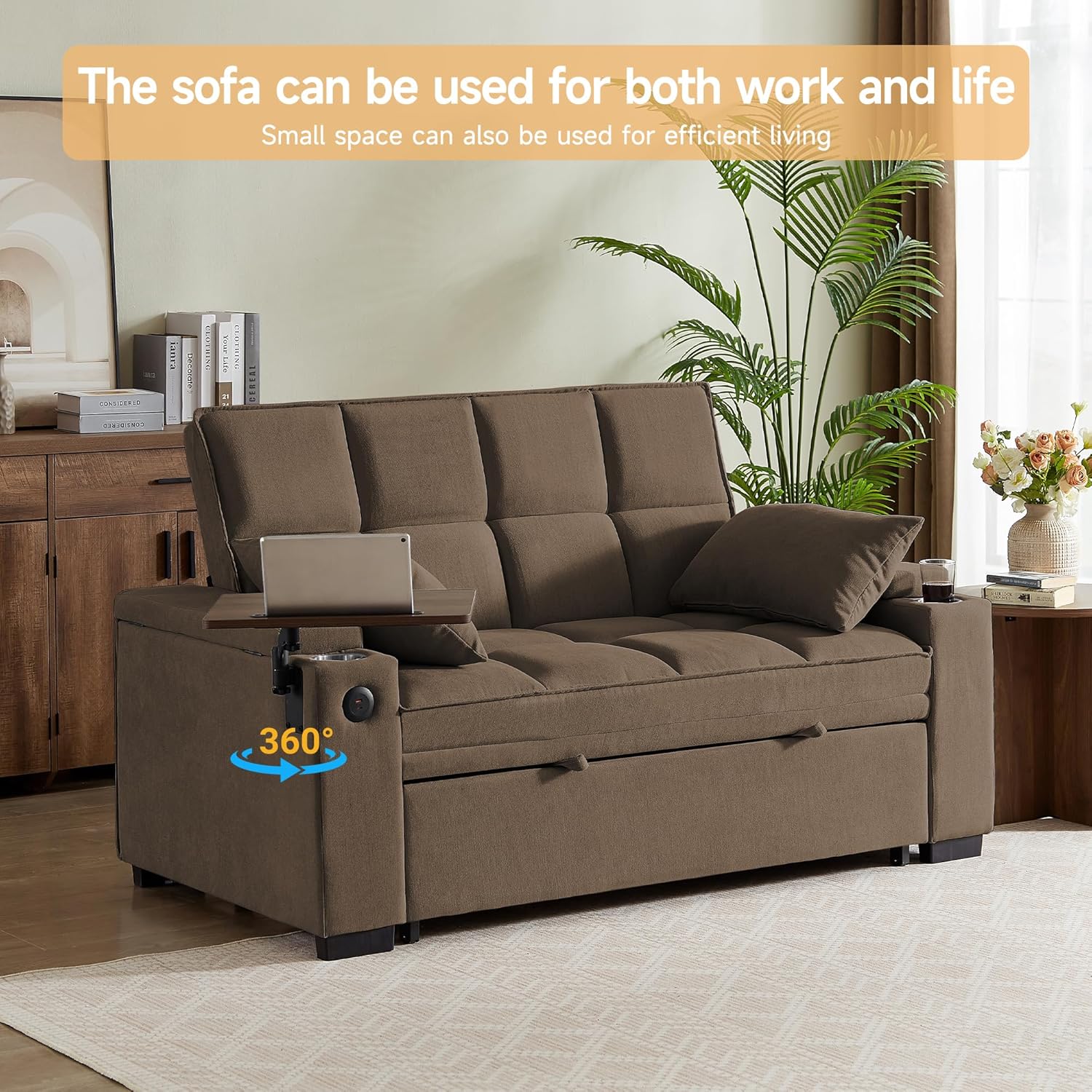 Auvsoce 65'' Convertible Sleeper Sofa Bed with Adjustable Backrest, Chaise Lounge, Side Table & USB/Type-C Ports – Stylish & Functional Addition to Any Living Room (Light Grey-1)