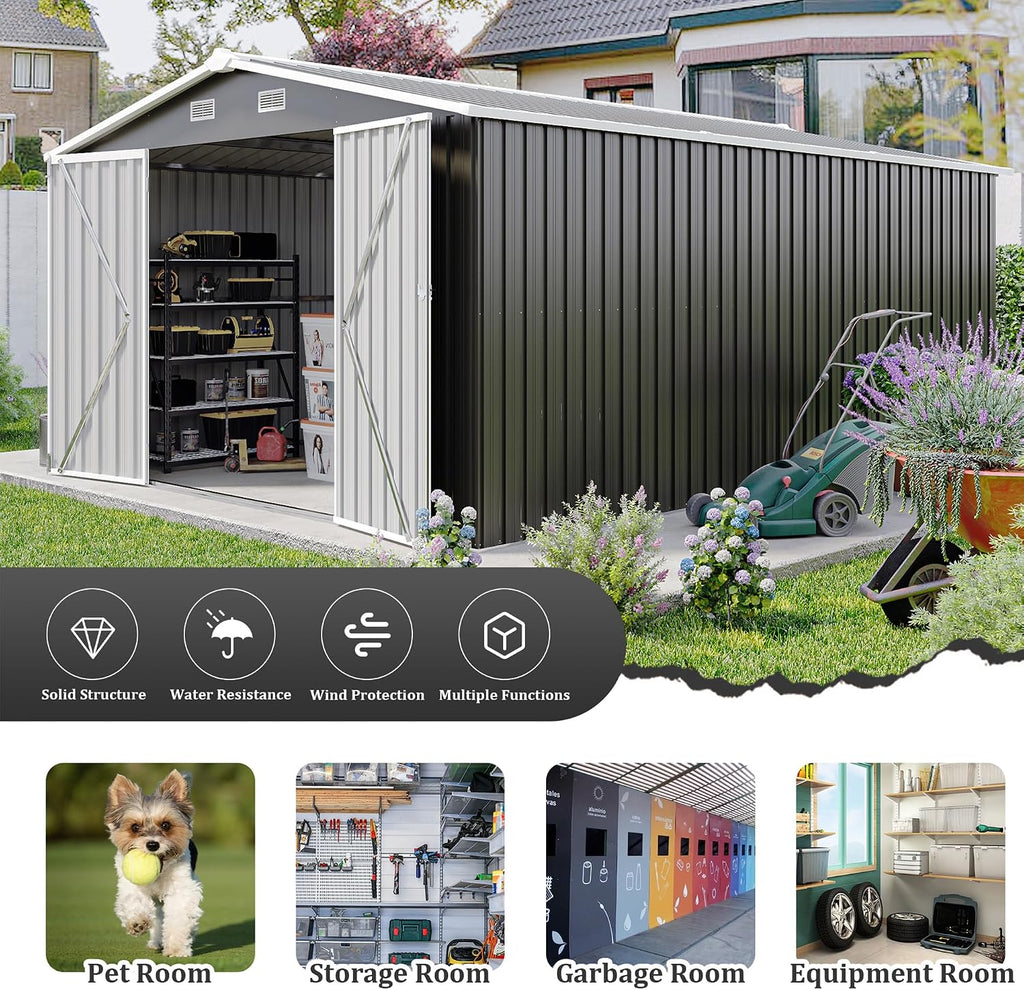 10 x14 FT Outdoor Storage Shed, Extra Large Metal Garden Shed with Waterproof Roof and 3 Lockable Doors, All-Weather Utility Tool Shed Storage House for Backyard, Patio, Lawn (Dark Gray)