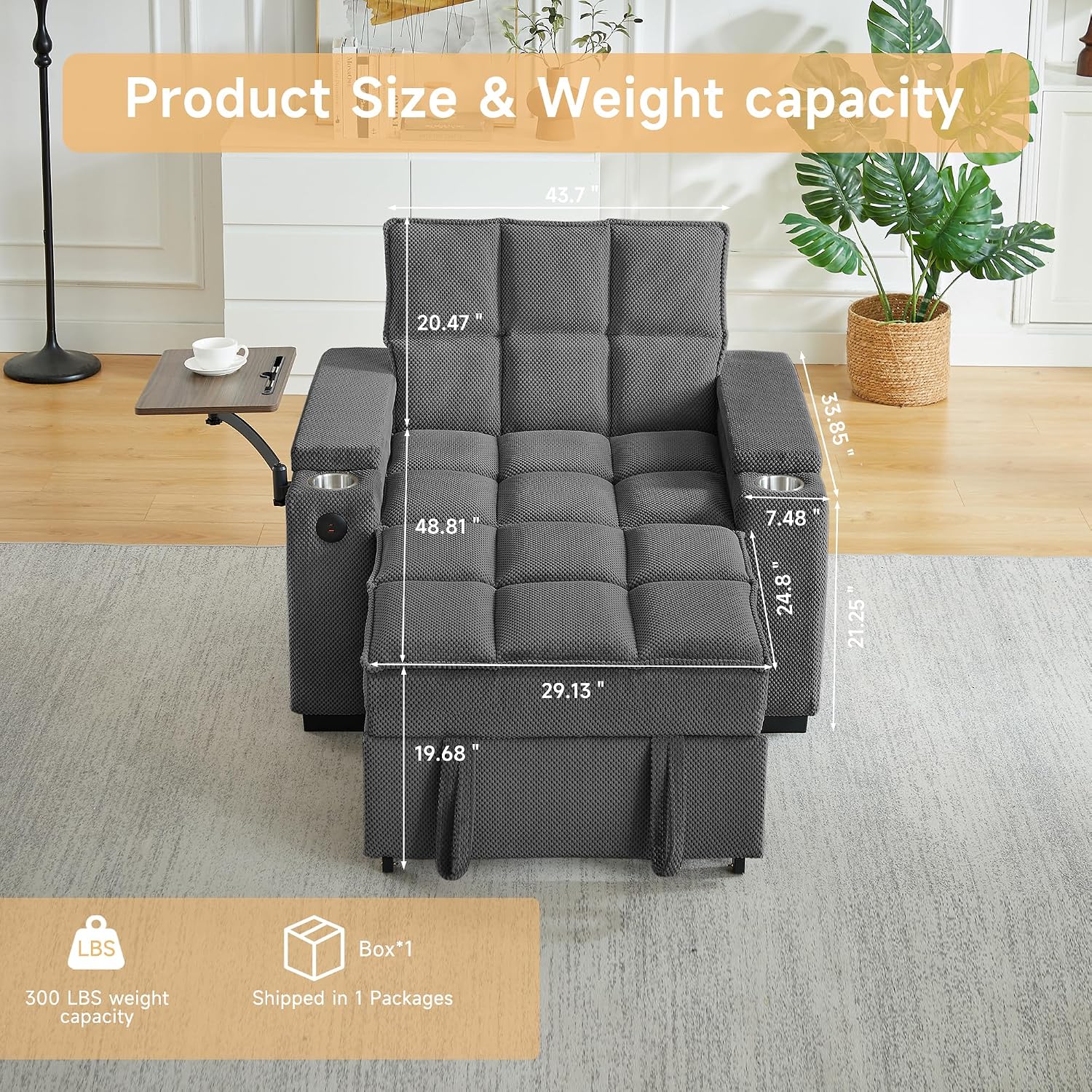 Auvsoce 3-in-1 Folding Convertible Sofa Bed Set of 2, Sleep Couch with Modern Chenille Fabric, 360° Swivel Side Table, Easy Assembly, Perfect for Living Room & Home Theater