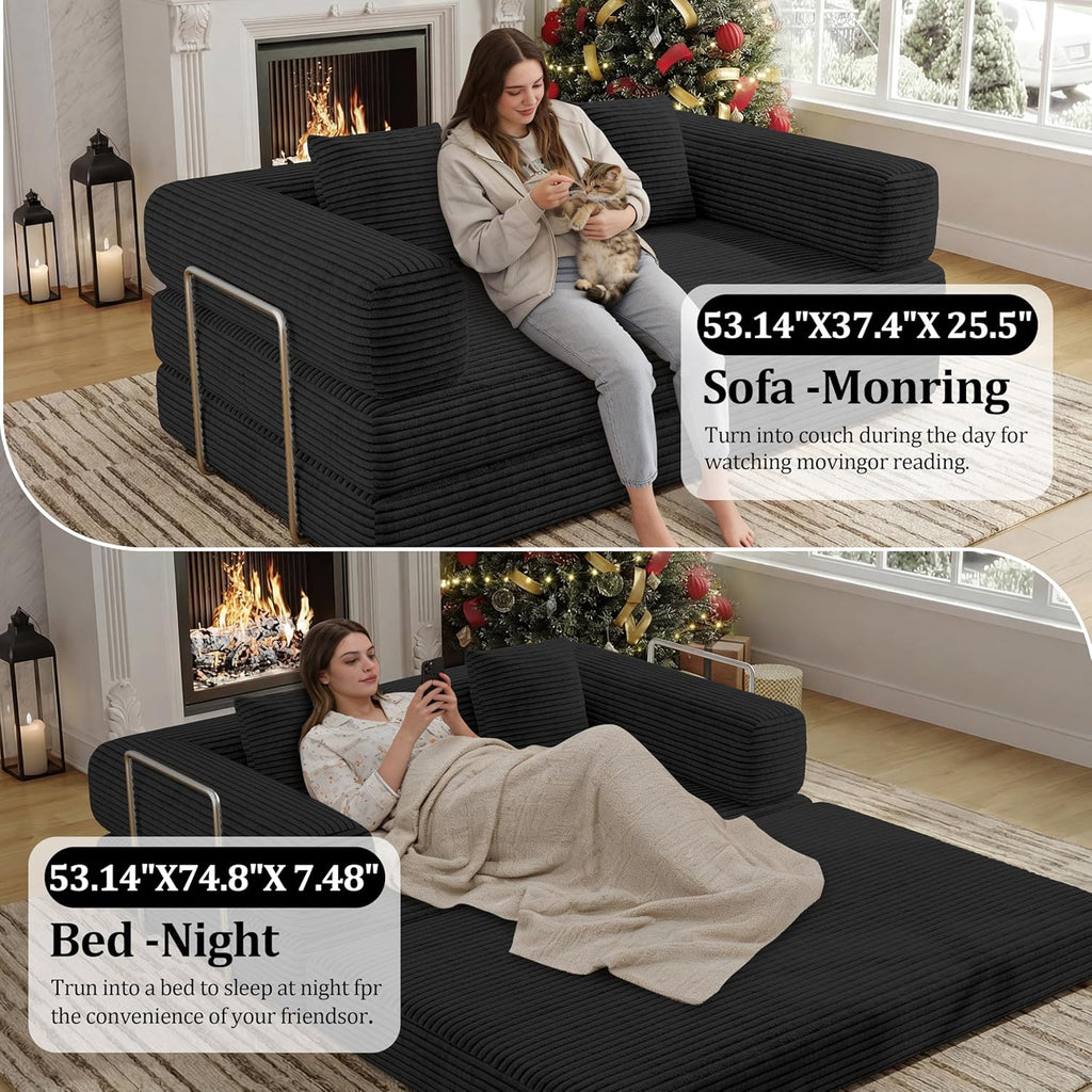 4-in-1 Foldable Sofa Bed Teddy Foam-Filled Compressed Couch Loveseat Sofa Boneless Foldable Convertible Sleeper Sofa Couch for Space Saving Living Room, Guest Bed, Playroom (Black, 53.15'Double Sofa)