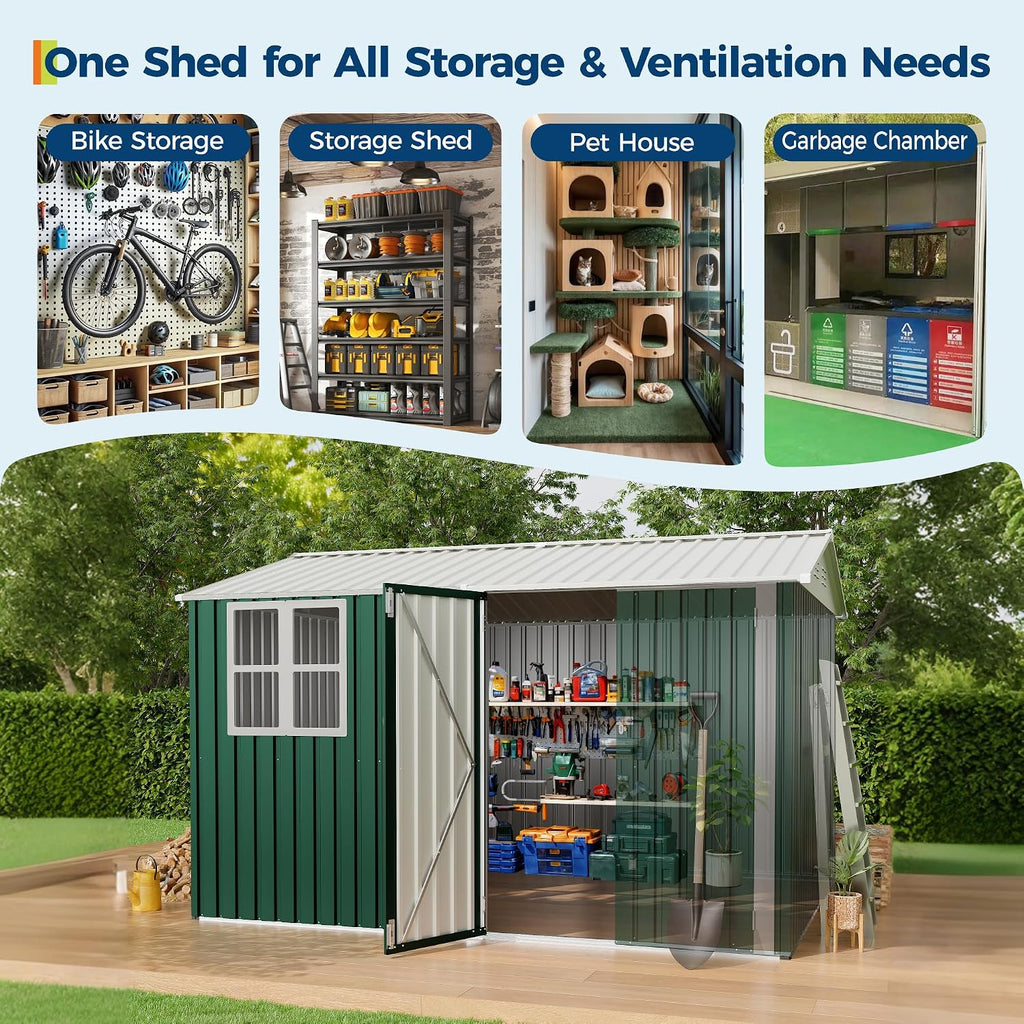 GarveeLife 8x10 FT Outdoor Storage Shed,450CU.T Metal Tool Shed with Clear Window, Lockable Doors,Large Garden Storage Box with Sloping Roof，Sheds&Outdoor Storage for Backyard Garden Patio Lawn, Green