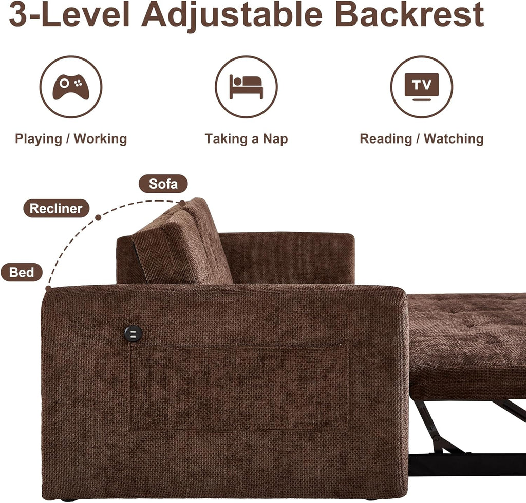 57.48' Convertible Sofa Bed with Cup Holder, Pull Out Sleeper Sofa Bed with USB Charging Ports, 3 in 1 Convertible Sleeper Sofa Bed for Living Room, Apartment, Bedroom, RV, Brown