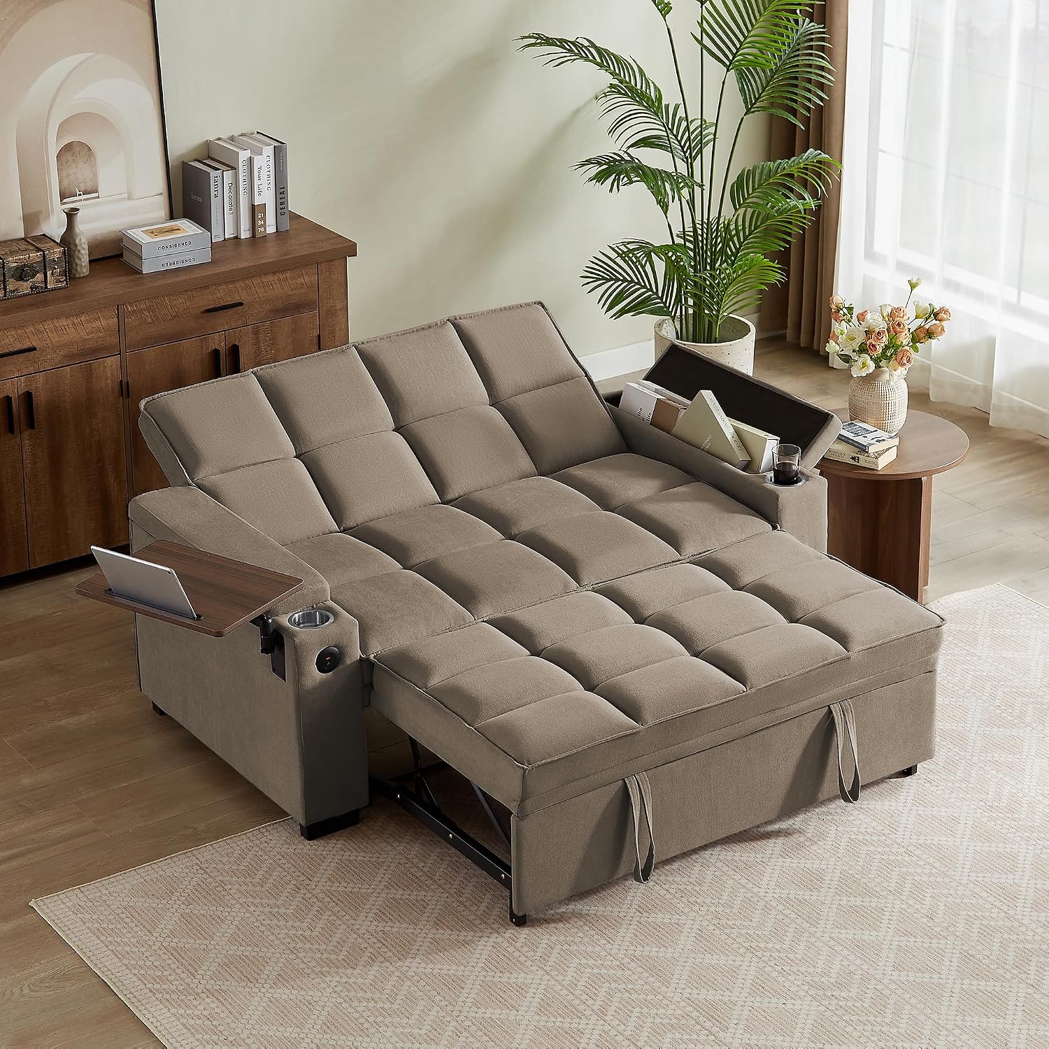 Auvsoce 65' Sleeper Sofa Bed Loveseat, Convertible Couch for Living Room, RV Sofa with Adjustable Backrest, Chaise Lounge, Side Table, USB & Type-C Ports