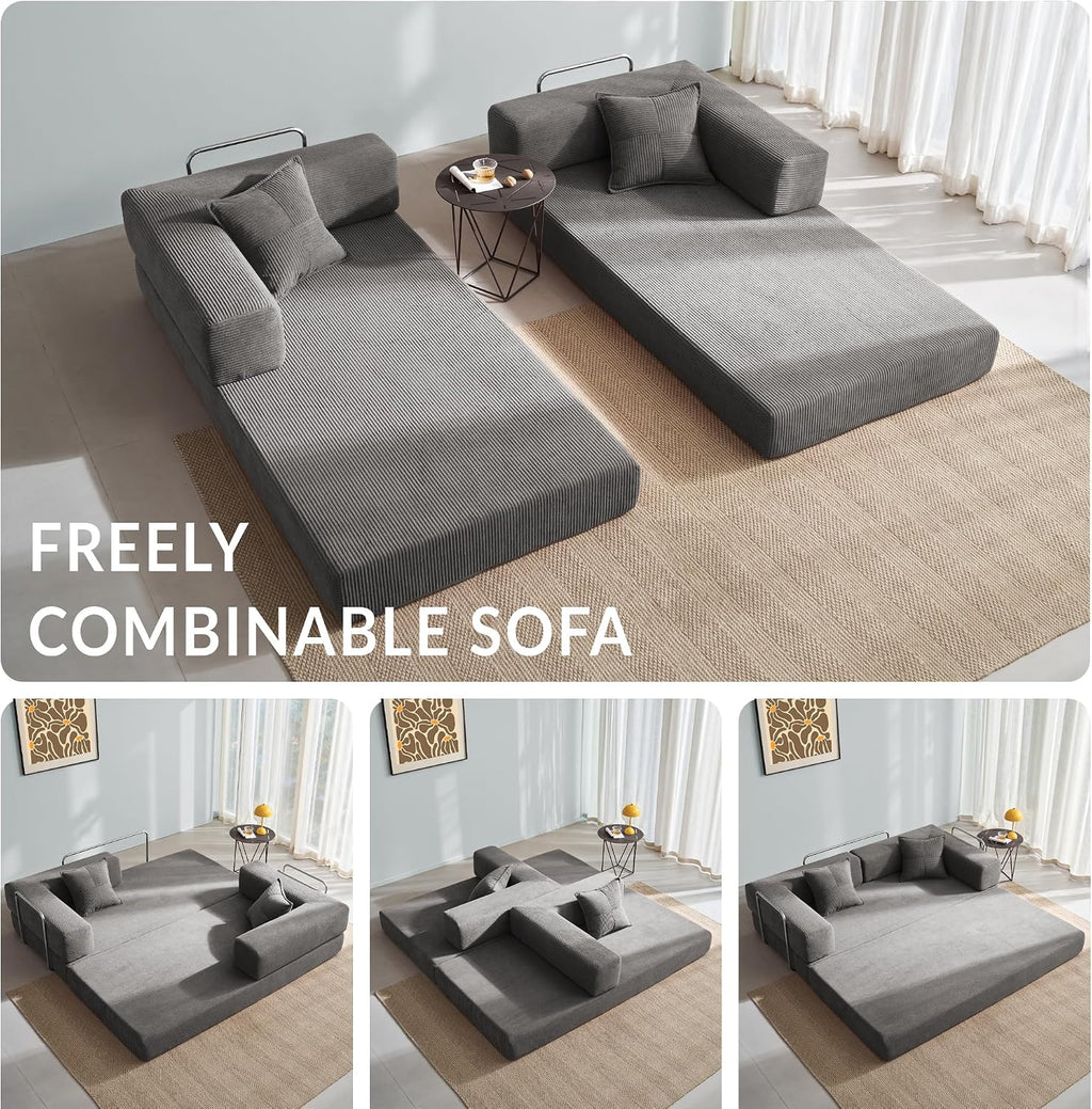 YINIX Foldable Sofa Bed, 62'' Folding Floor Couch, Compressed Convertable Sleeper Sofa, Memory Foam Couch with Pillow Back Support Armrest, 4-in-1 Futon Sofa Bed for Living Room, Light Gray