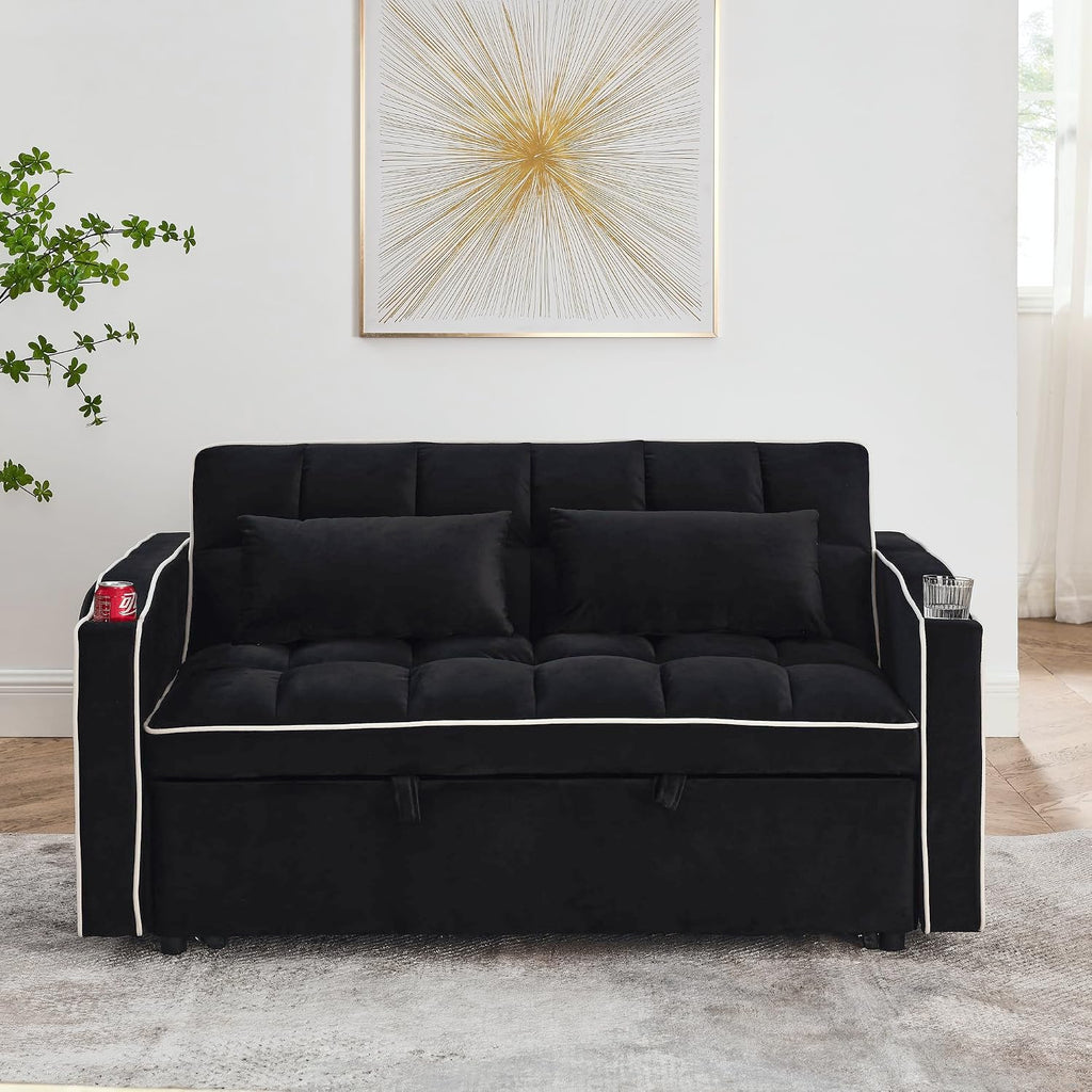 Merax Black Foldable Sofa Bed with 2 USB Charging Ports, Pull Out Velvet Loveseat Sleeper with Phone Holder, Modern Futon Couch with Cup Holders & Adjustable Backrest for Living Room