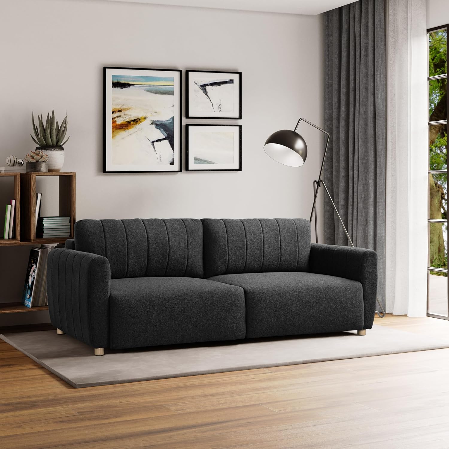 Serta Galway 91.7' Convertible Sleeper Sofa, Queen Size, Wall-Hugging Dreamglide Mechanism, Dreamcoil Comfort, Boucle Fabric, Charcoal