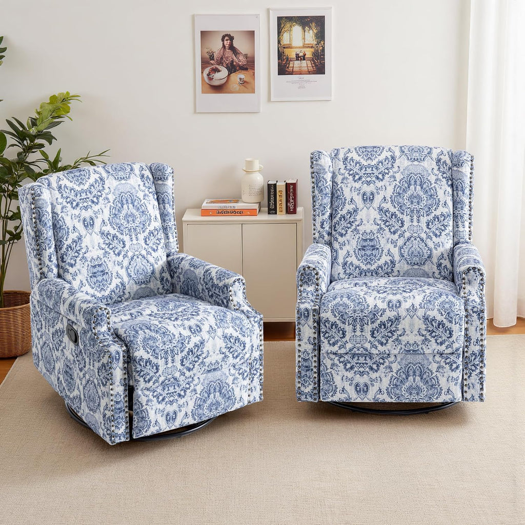 Lumibee Swivel Rocker Recliner Chair, Set of 2 Printed Fabric Swivel Glider Rocking Chair with High Back, Upholstered Deep Seat Wingback Recliner Chair for Living Room Bedroom, Navy