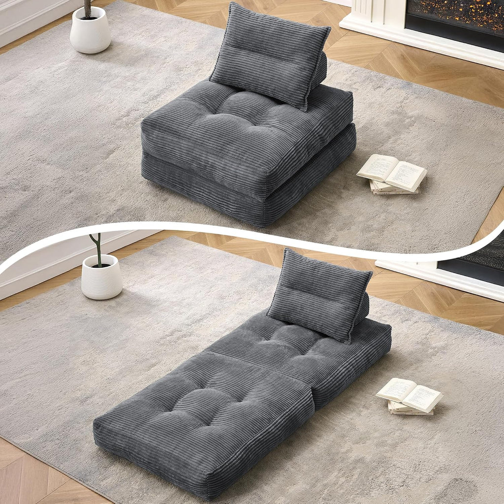 MONVANE Folding Sofa Bed, Fold Out Chair Bed with Pillow, Convertible Sleeper Chair for Living Room/Small Spaces, Foldable Lazy Sofa Bed Floor Chair, Comfy Corduroy Couch Bed, Dark Grey