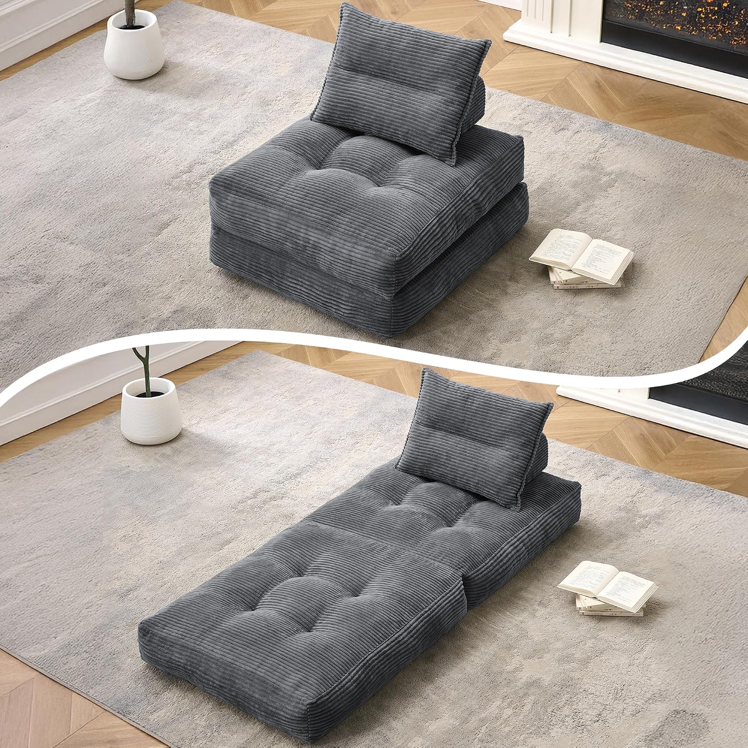 MONVANE Folding Sofa Bed, Fold Out Chair Bed with Pillow, Convertible Sleeper Chair for Living Room/Small Spaces, Foldable Lazy Sofa Bed Floor Chair, Comfy Corduroy Couch Bed, Dark Grey