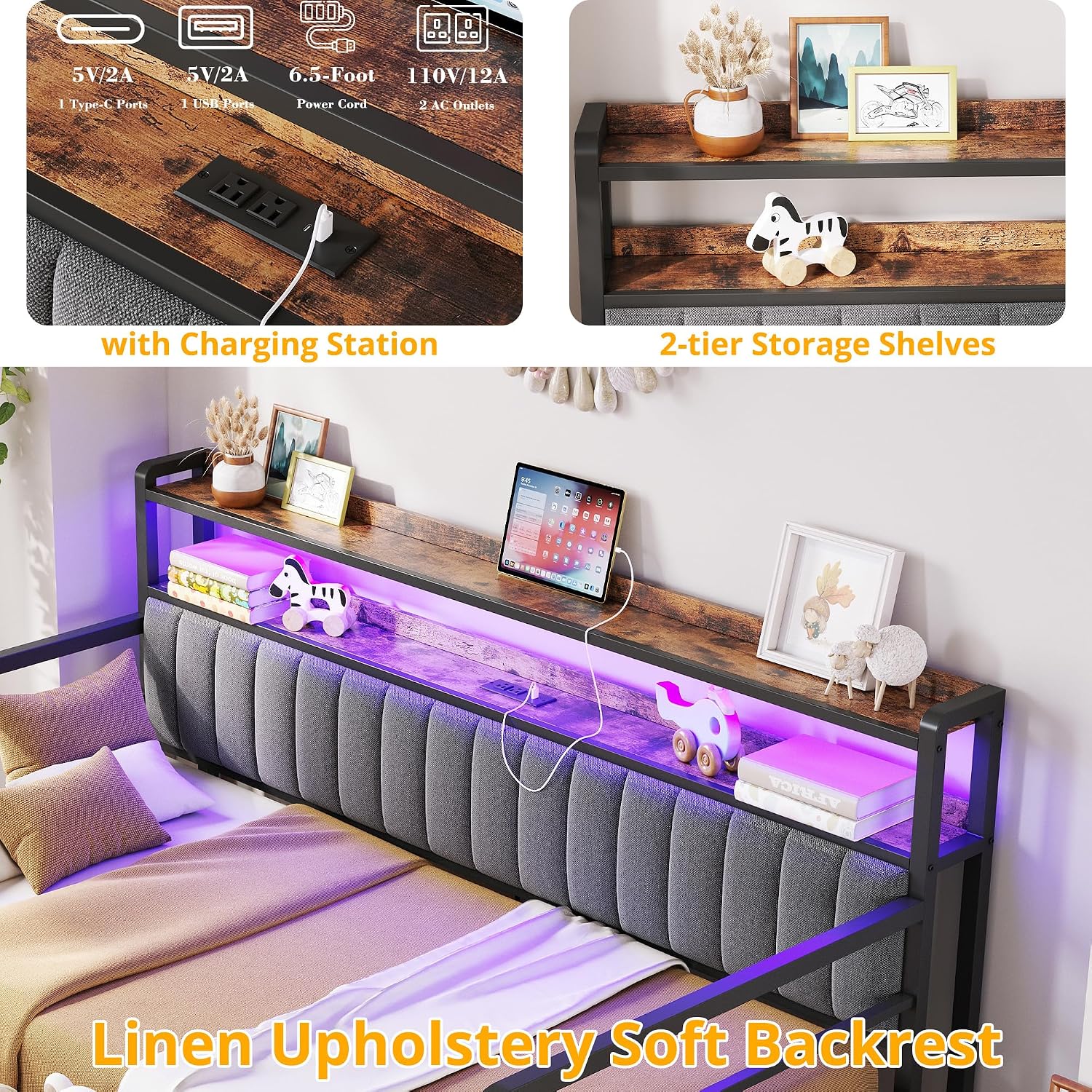 ANCTOR Daybed with Trundle, LED Lights and Charging Station, Twin Size Daybed with 2-Tier Storage Shelves and Upholstered Headboard, Metal Sofa Bed Frame for Living Room, Bedroom, Black