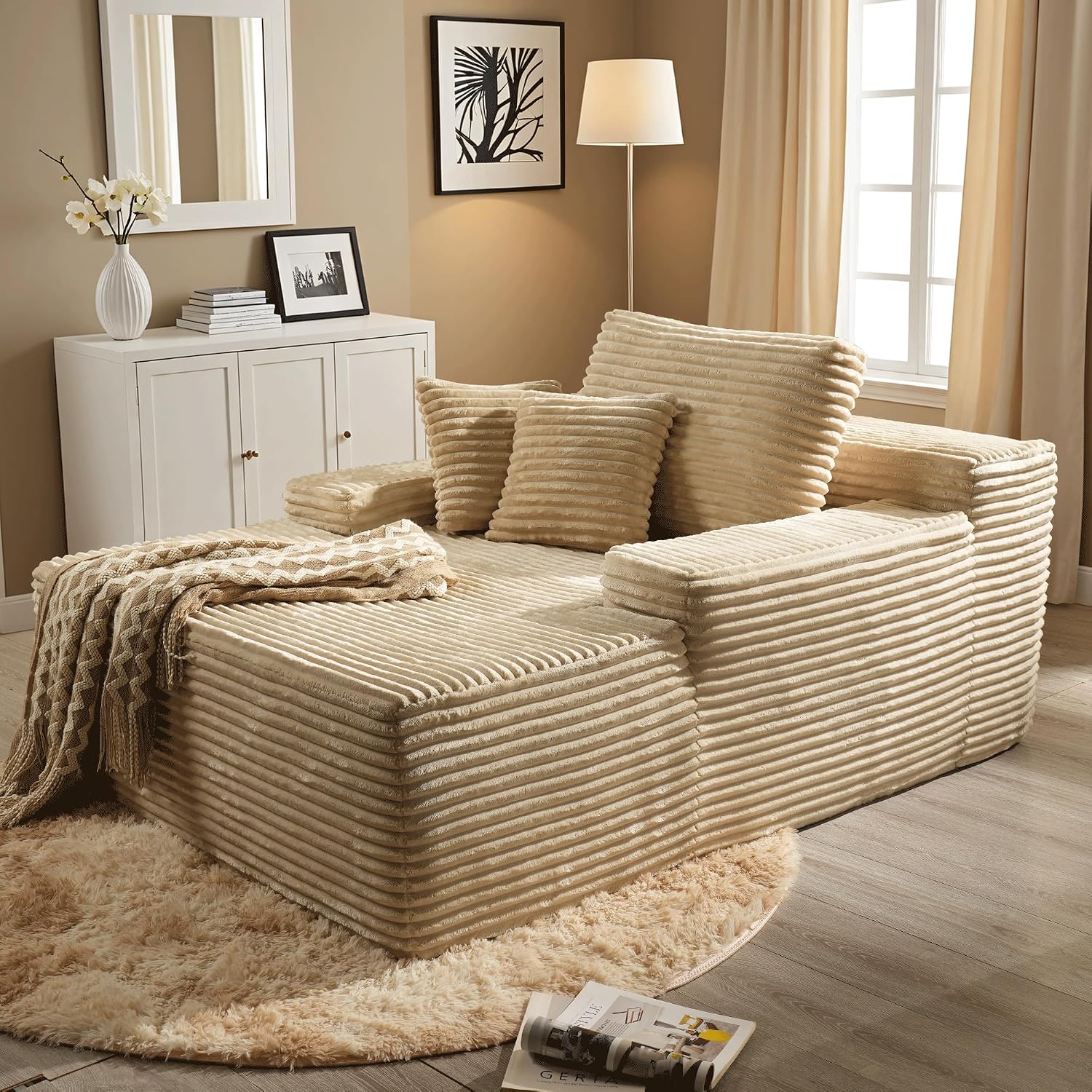 ovios 67'' Chaise Lounge Chair Indoor, Oversized Upholstered Boneless Sofa Bed, Deep Seat Sleeper Couch, Plush Cloud Sofas Couches for Living Room, No Assembly Required (Faux Fur, Beige)