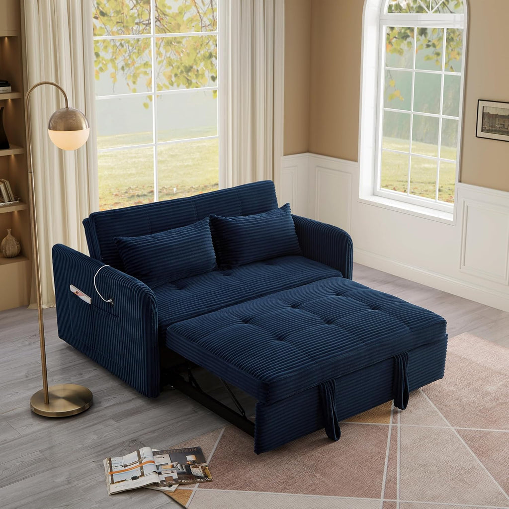 55.5' Corduroy Convertible Sofa Bed, Pull Out Sleeper Sofa Bed, Loveseat Couch with USB Charging Ports, 3 in 1 Convertible Sleeper Sofa Bed for Living Room, Apartment, Bedroom, RV, Blue