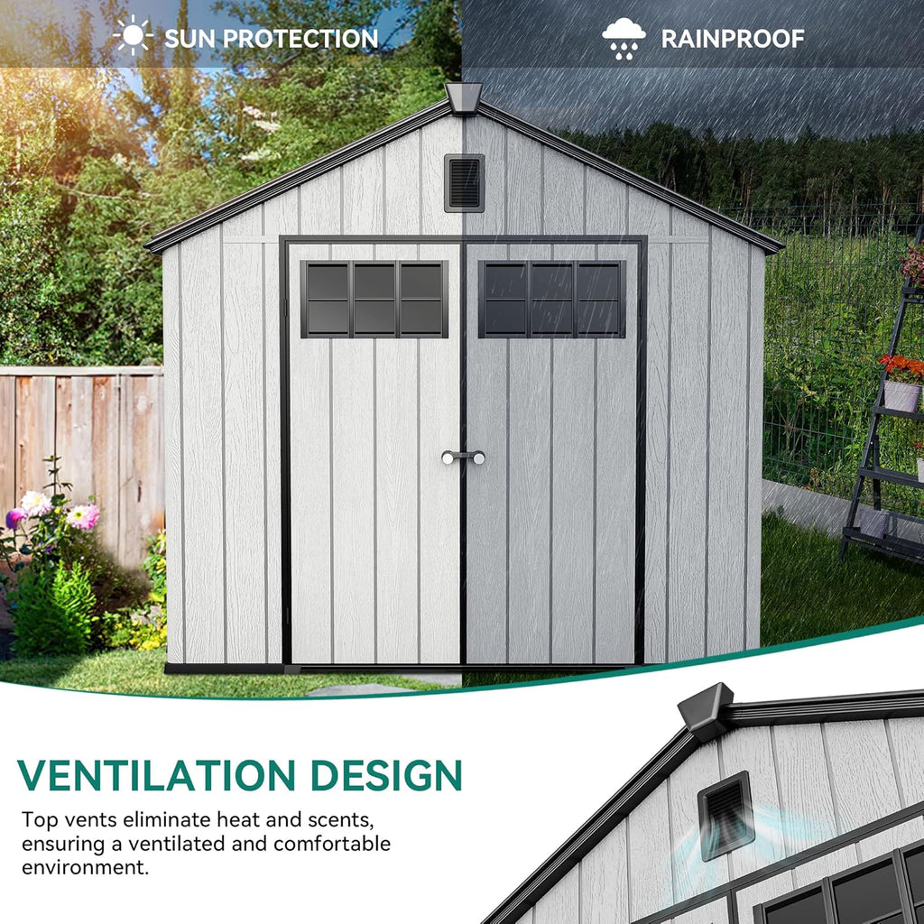YITAHOME Large Outdoor Storage Shed 8x10 Ft, Extra Thick Plastic Storage Sheds with Floor, Lockable Doors, Vision Grid Windows, Vents, 16mm Heavy Duty Garden Storage for Bikes Mowers and Tools, Gray