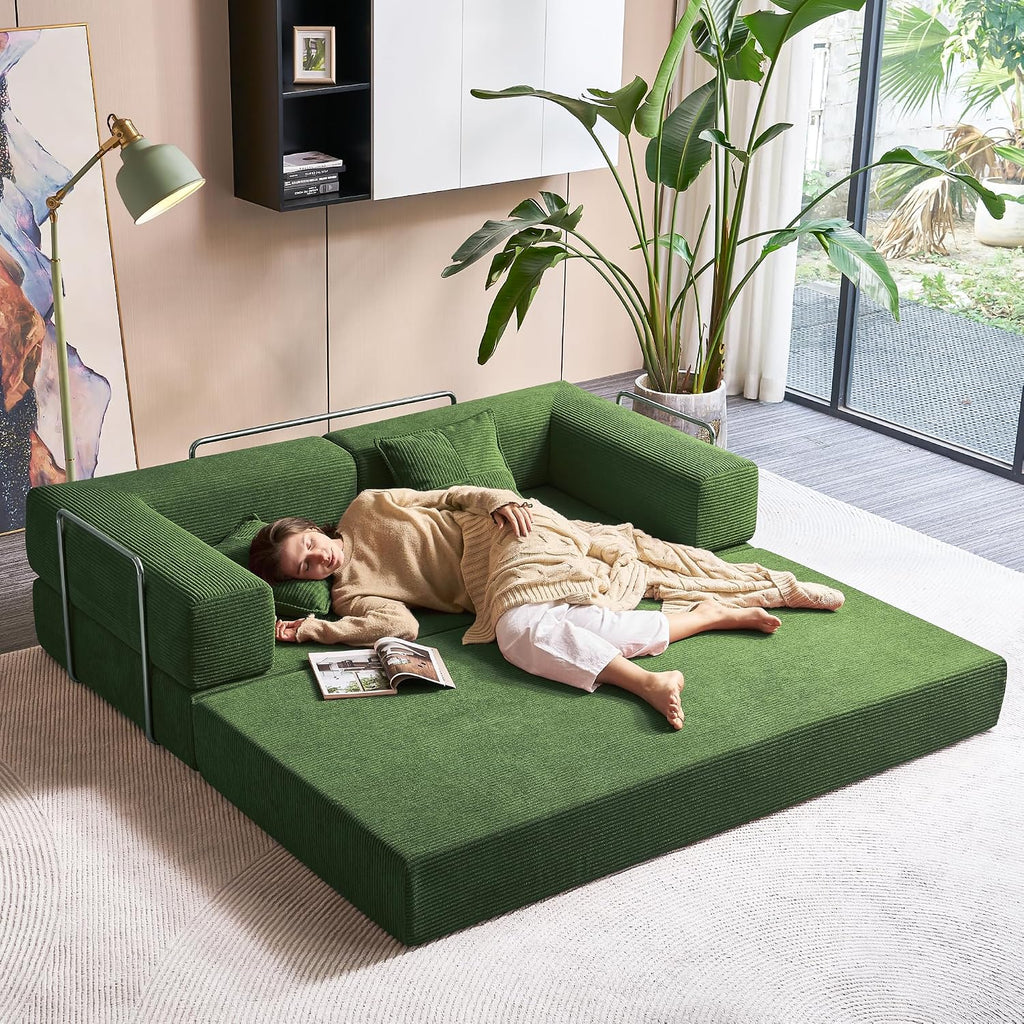 Compression Sofa - 78''Convertible Floor Sofa Bed - with Pillow Back Support Armrest - Comfy Foldable Sofa Bed Compressed Sofa in Box - Corduroy Fabric - for Living Room Bedroom (Green)