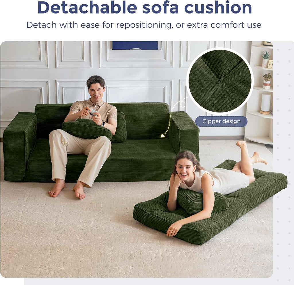 MAXYOYO Convertible Sofa Bed, Pull Out Loveseat Sleeper Sofa, 2 in 1 Folding Couch Bed, Fold Out Floor Couch with Pillows for Living Room Bedroom Lounge, Dark Green