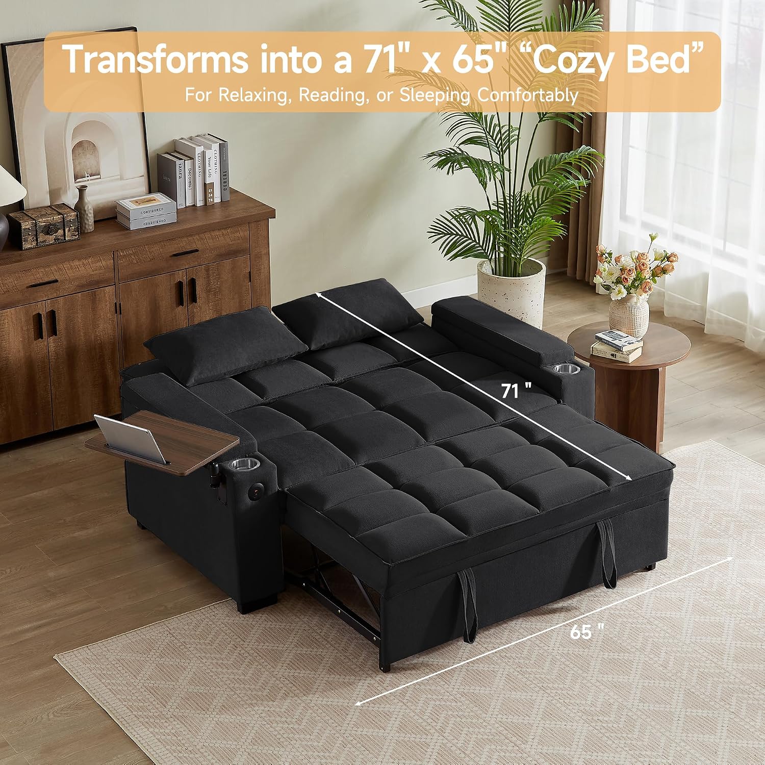 Auvsoce 65' Sleeper Sofa Bed Loveseat, Convertible Couch for Living Room, RV Sofa with Adjustable Backrest, Chaise Lounge, Side Table, USB & Type-C Ports