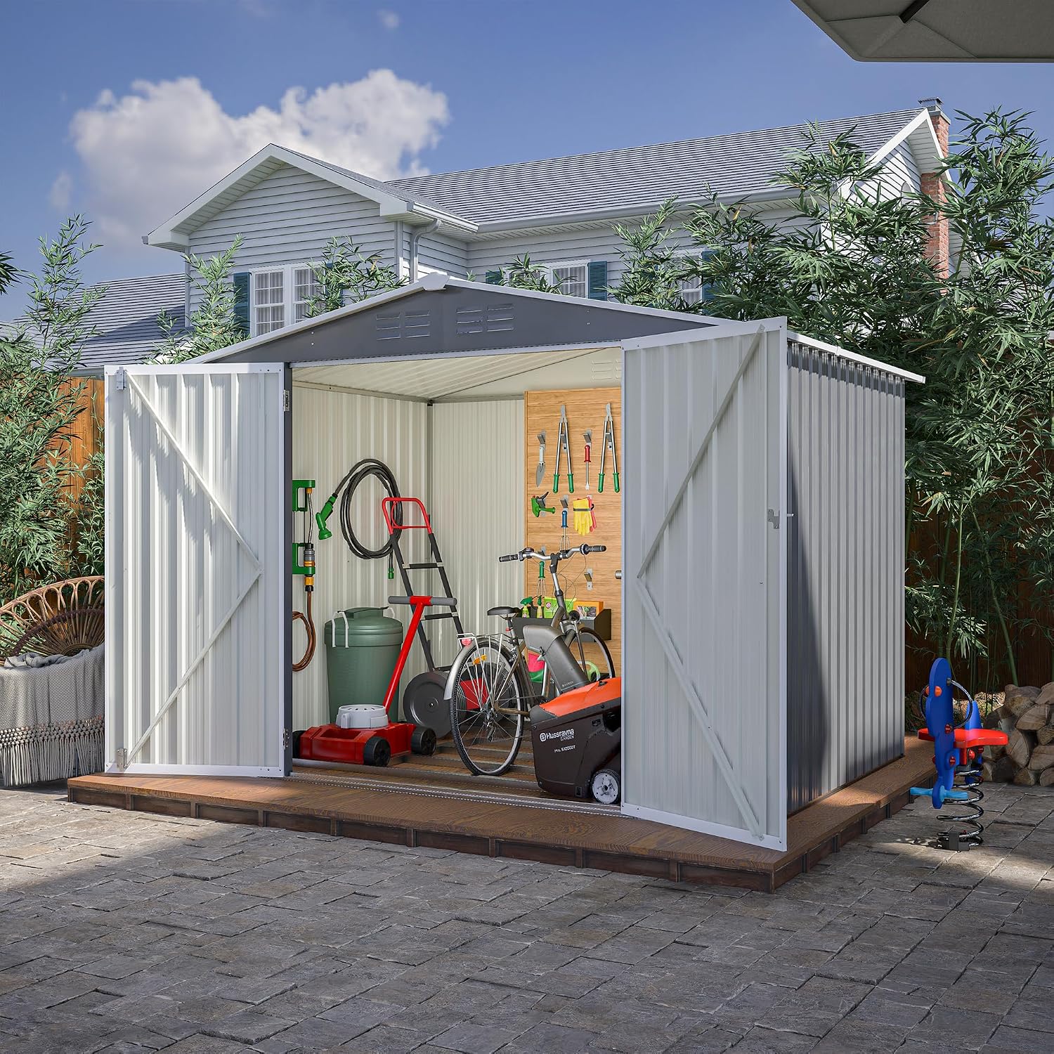 YOPTO 8 x 6 FT Outdoor Storage Shed with Floor Frame,Utility Metal Tool Storage with Lockable Doors,Air Vents & Waterproof Roof, Large Garden Shed for Backyard, Patio Lawn,Gray