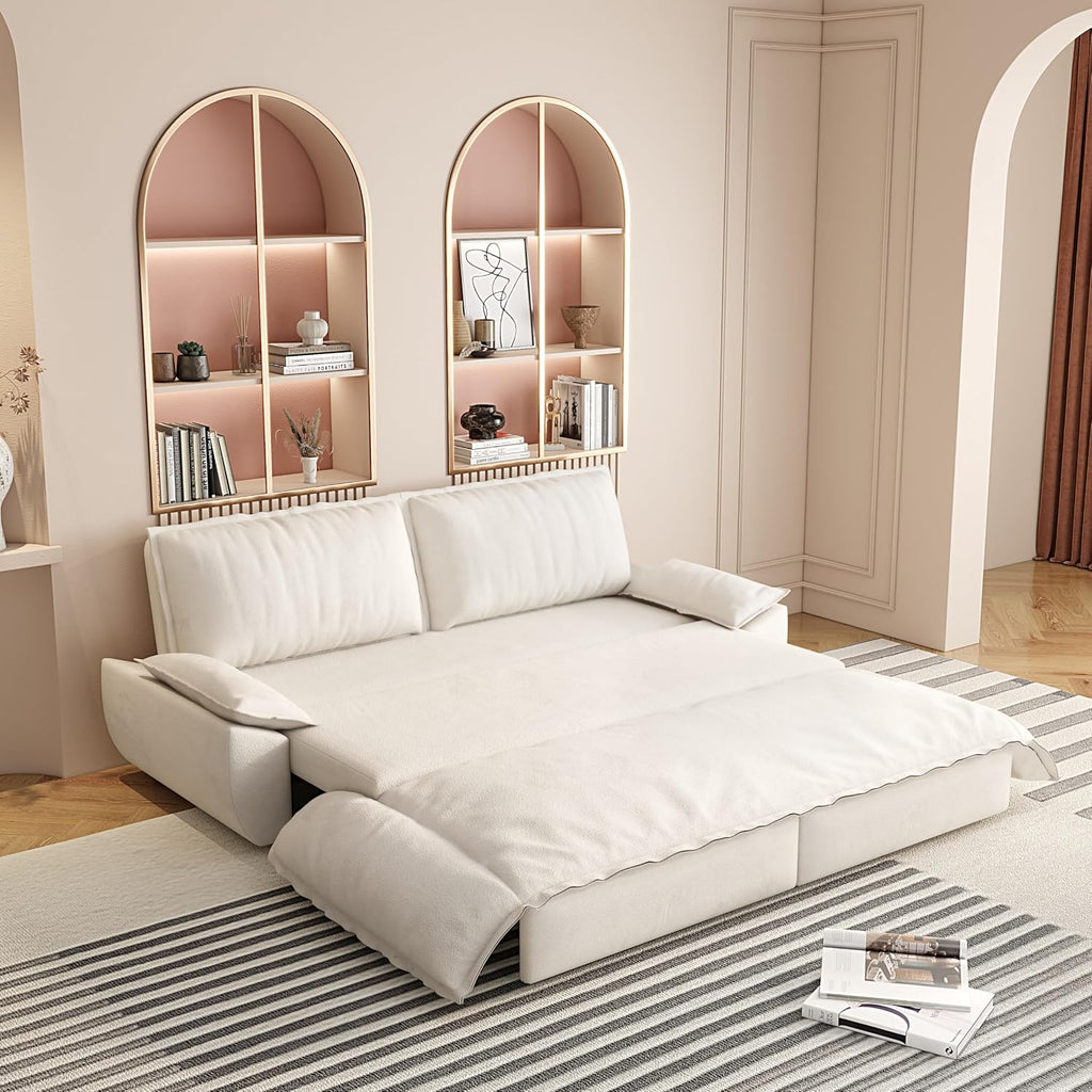 73.2' Sleeper Sofa Bed Queen, 3-in-1 Convertible Couch, Modern Pull Out Couches, Comfy Velvet Futon Sofa, Cloud Loveseat Lounge, Pillow Arm, for Small Spaces, Apartment, Living Room, Beige