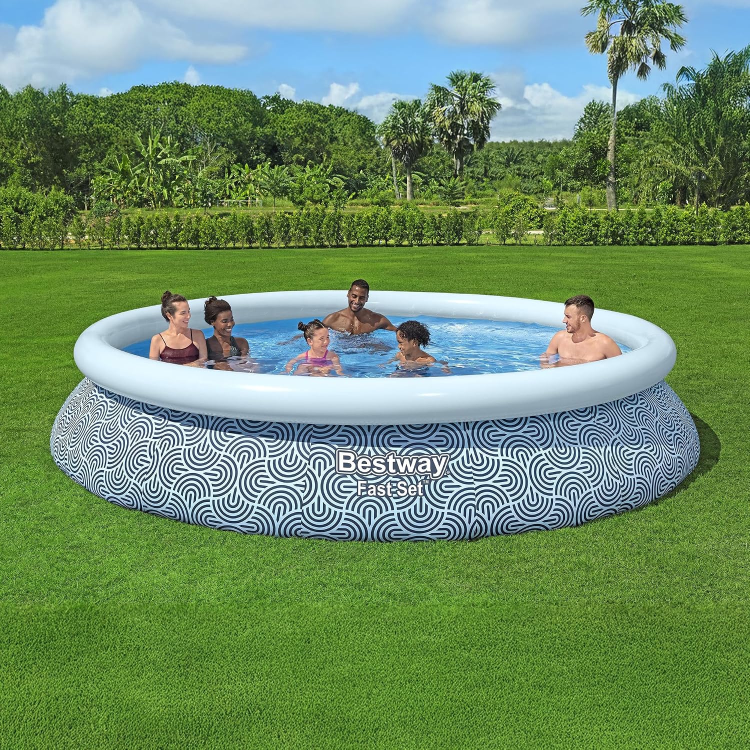 Bestway Fast Set 13' x 33' Round Inflatable Above Ground Swimming Pool Set, Outdoor Family Pool with Filter Pump, Rattan Print