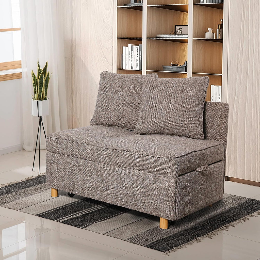 SEJOV Sofa Bed Chair 4-in-1 Convertible Chair Bed, 3-Seat Linen Fabric loveseat Sofa with 2 Throw Pillow, Single Recliner for Small Space with 5 Adjustable Backrest, Brown Grey