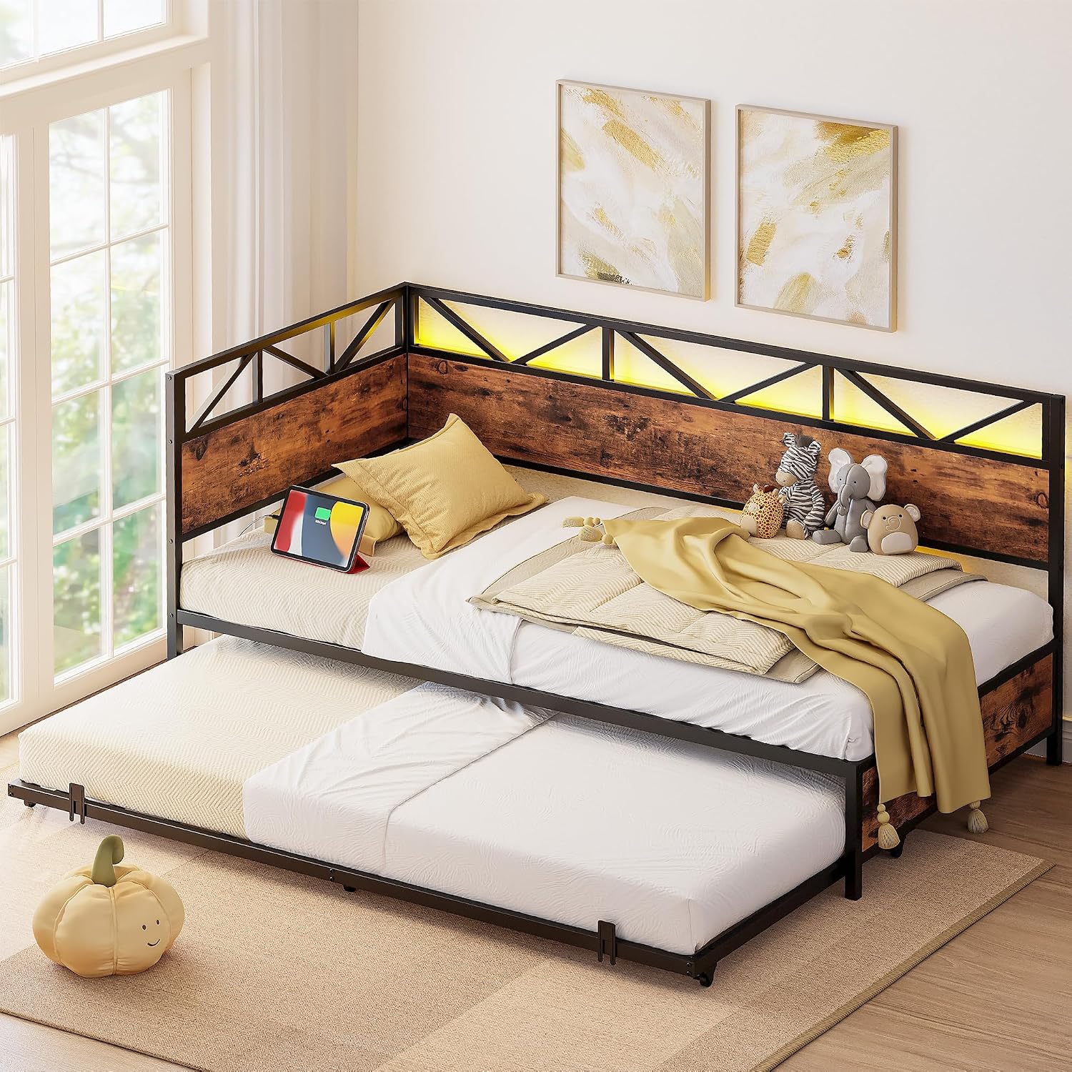 LIKIMIO Daybed with Trundle, Sofa Day Bed with Charging Station and LED Lights, Trundle Bed Twin with Strong Supports for Living Room, Bedroom and Guest Room