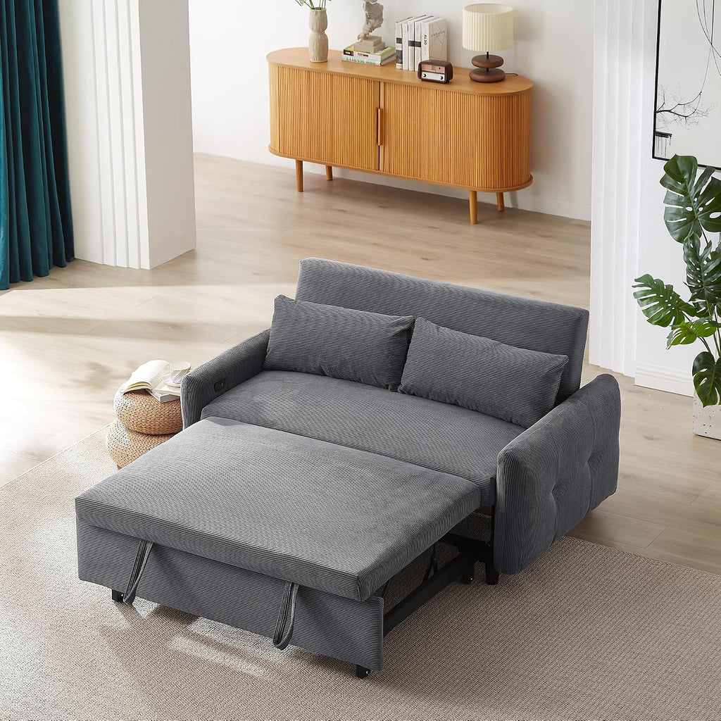 Merax Pull-Out Sofa Bed with Adjustable Backrest and Two Throw Pillows, 2 Seat Loveseat Lounge & Type C and USB Ports, 3 in 1 Convertible Sleeper Couch for Living Room, Dark Grey
