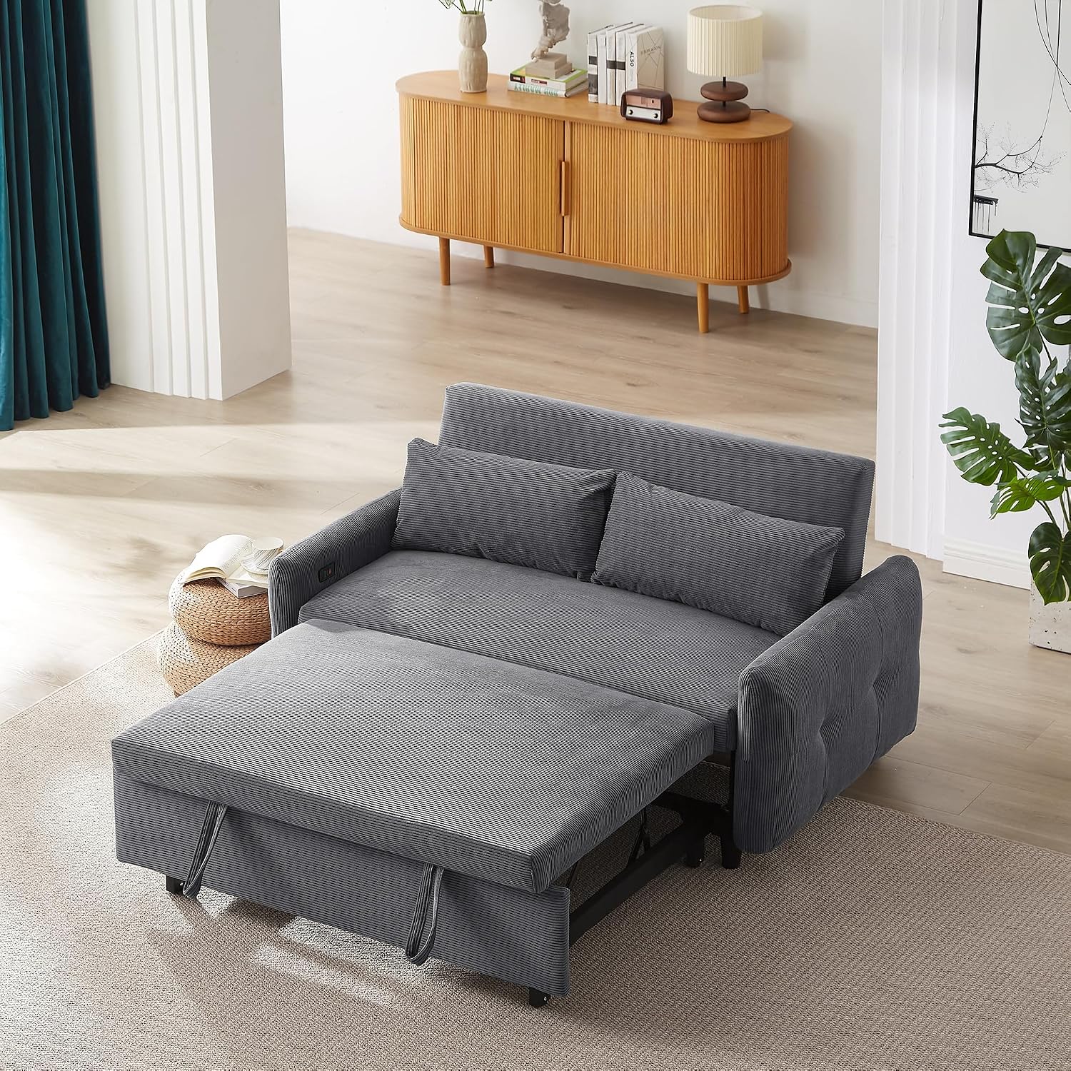 Merax Pull-Out Sofa Bed with Adjustable Backrest and Two Throw Pillows, 2 Seat Loveseat Lounge & Type C and USB Ports, 3 in 1 Convertible Sleeper Couch for Living Room, Dark Grey