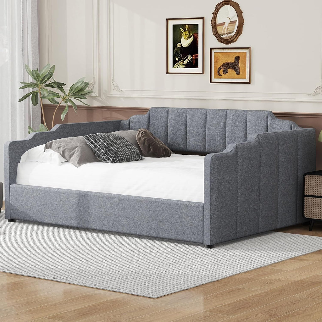 Merax Full Size Upholstered Daybed, Sofa Bed Frame with Underneath Storage, Space-Saving Corner Day Bed for Living Room Bedroom & Guest Room, No Box Spring Needed, Grey