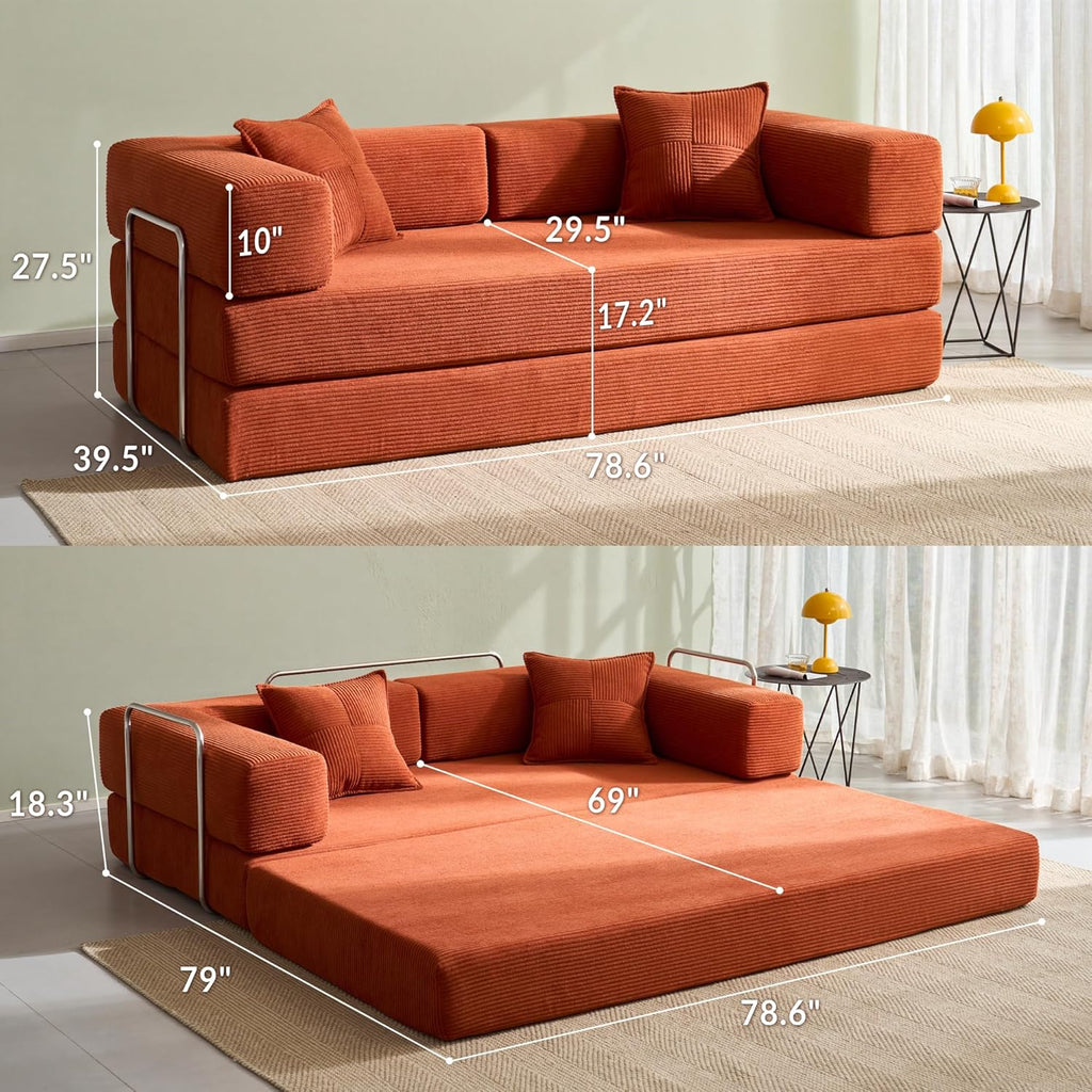 Compression Sofa - 78''Convertible Floor Sofa Bed - with Pillow Back Support Armrest - Comfy Foldable Sofa Bed Compressed Sofa in Box - Corduroy Fabric - for Living Room - Bright Orange