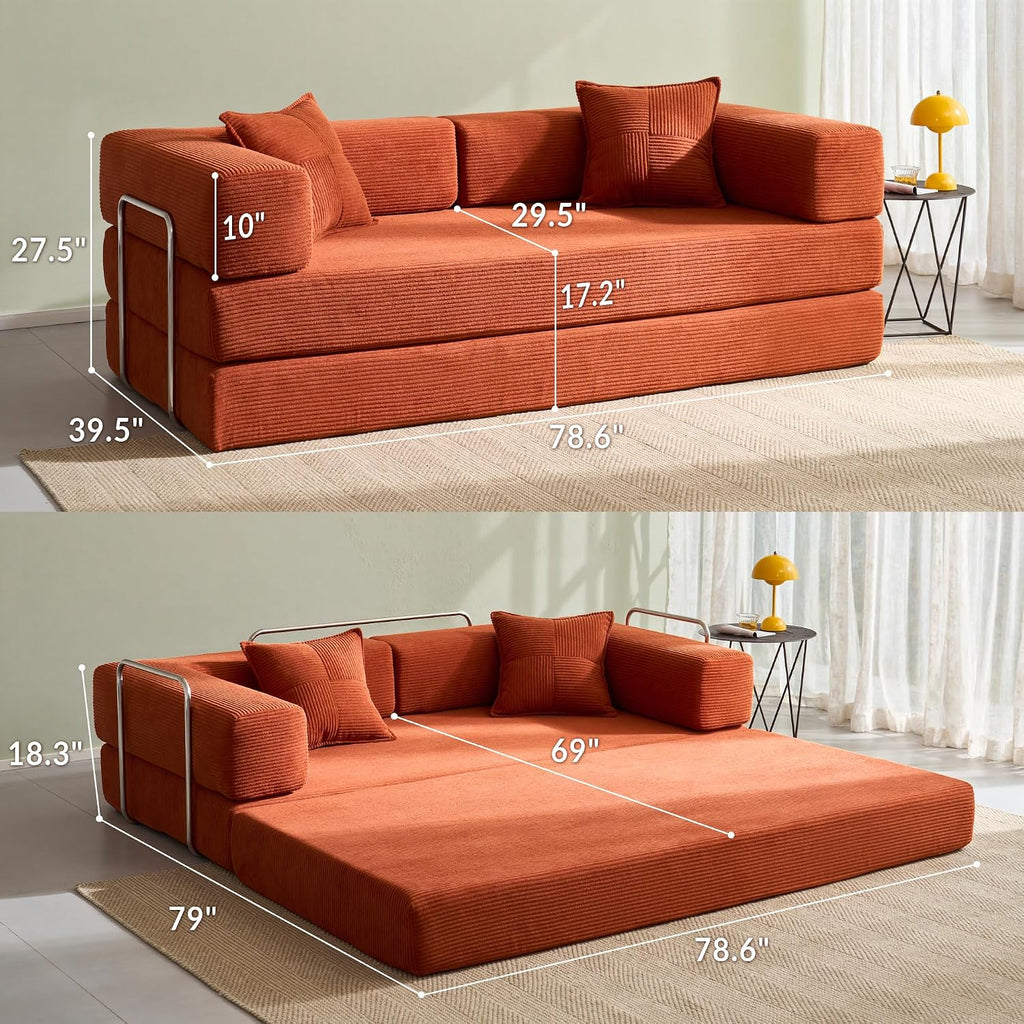 Compression Sofa - 78''Convertible Floor Sofa Bed - with Pillow Back Support Armrest - Comfy Foldable Sofa Bed Compressed Sofa in Box - Corduroy Fabric - for Living Room Bedroom(Orange)