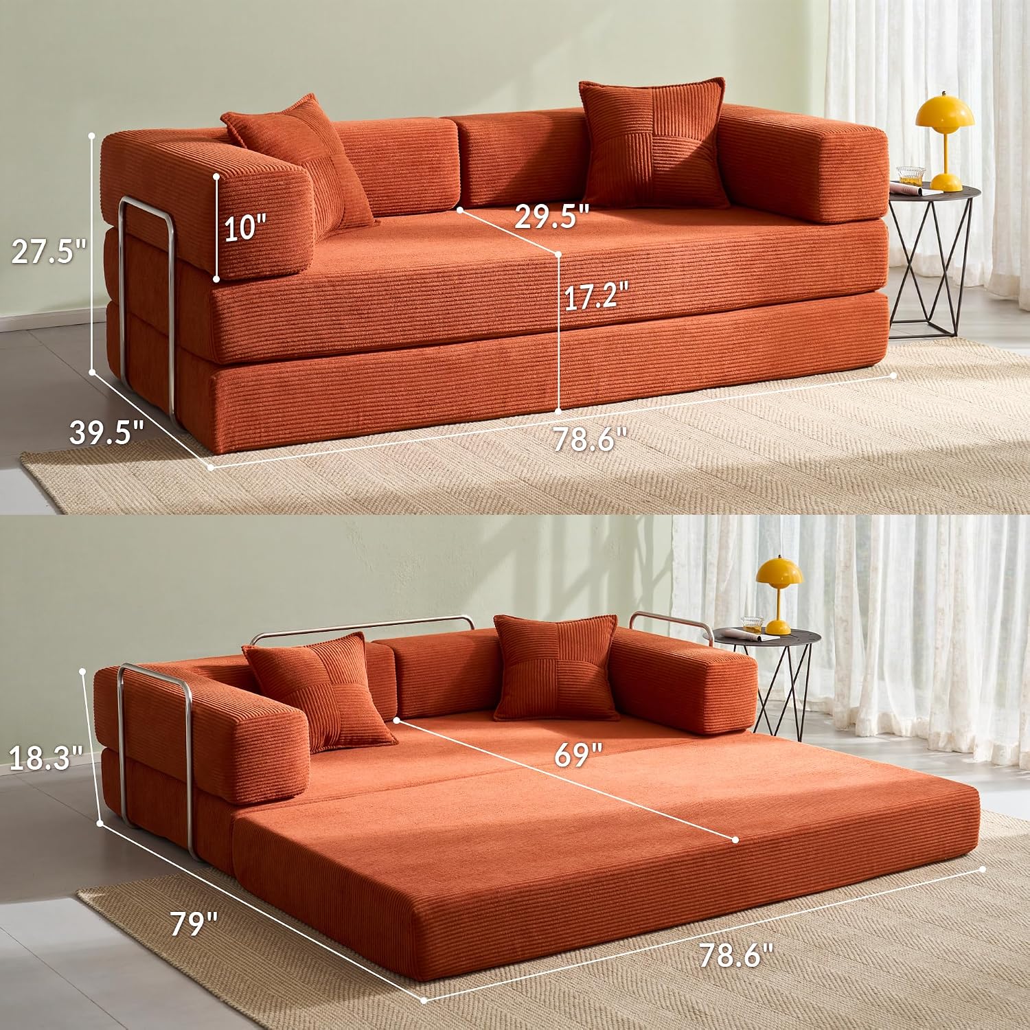 Compression Sofa - 78''Convertible Floor Sofa Bed - with Pillow Back Support Armrest - Comfy Foldable Sofa Bed Compressed Sofa in Box - Corduroy Fabric - for Living Room Bedroom(Orange)
