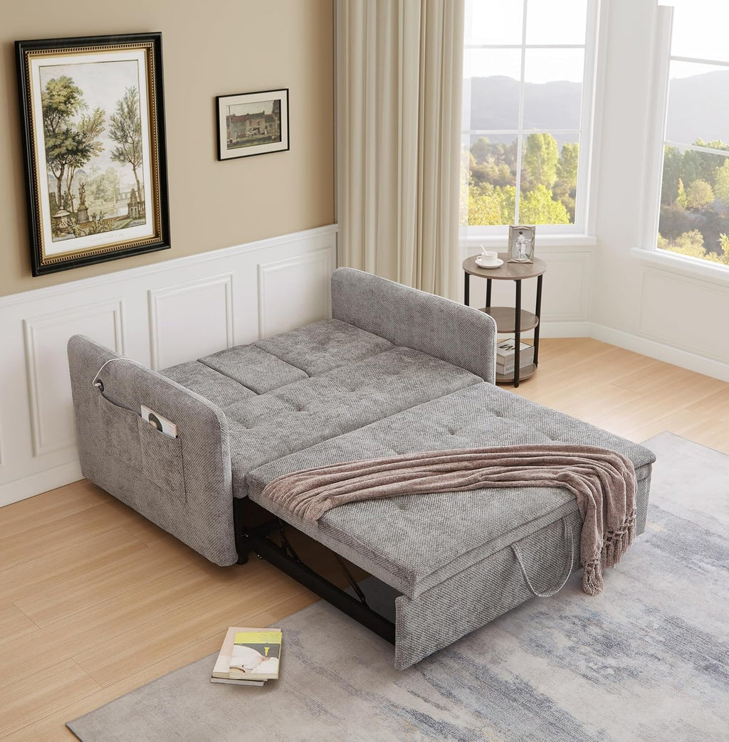 57.48' Convertible Sofa Bed with Cup Holder, Pull Out Sleeper Sofa Bed with USB Charging Ports, 3 in 1 Convertible Sleeper Sofa Bed for Living Room, Apartment, Bedroom, RV, Grey